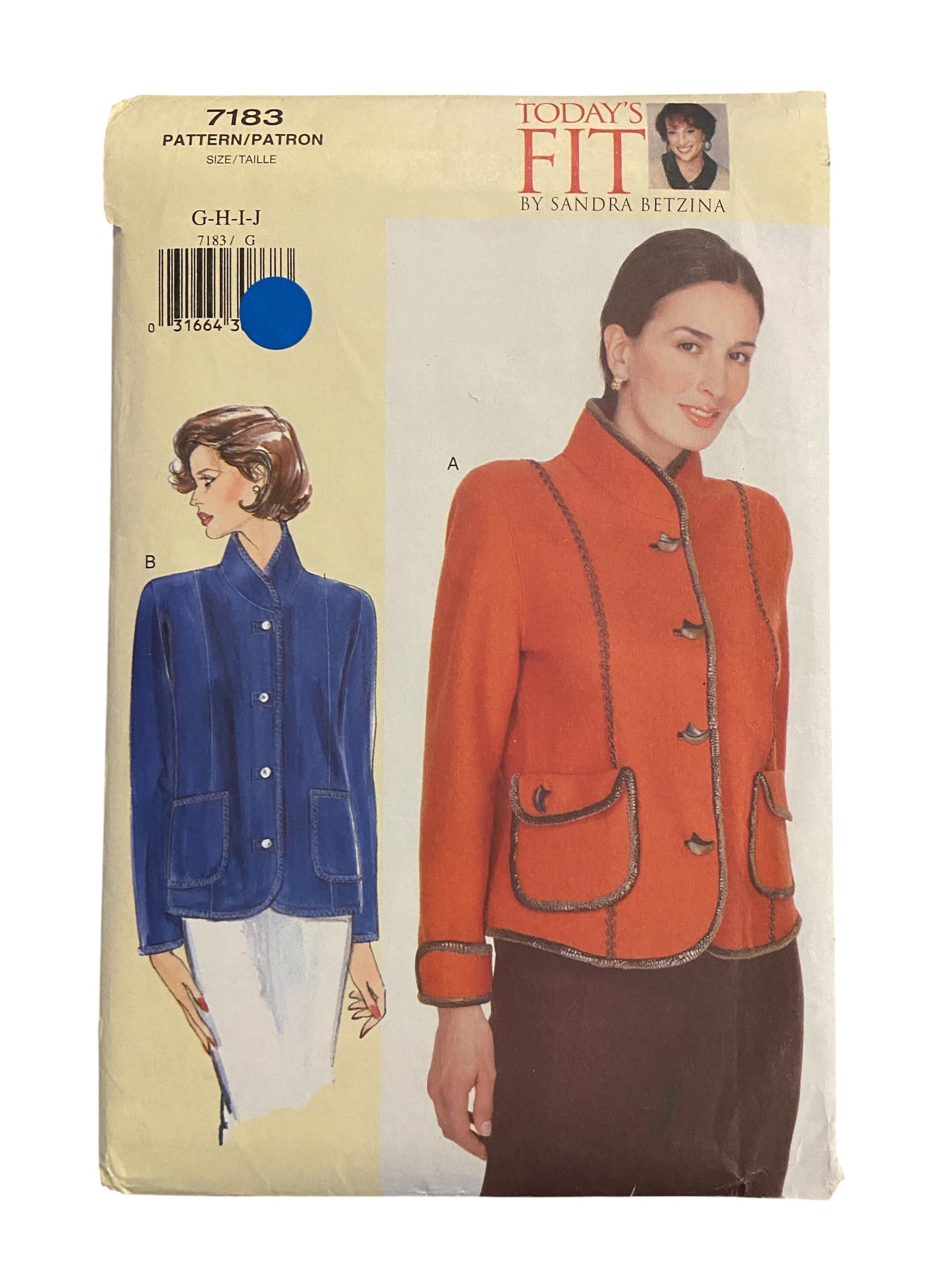 Vogue 7183 vintage 1990s Today's Fit by Sandra Betzina jacket sewing pattern. Bust 46, 49, 52, 55 inches