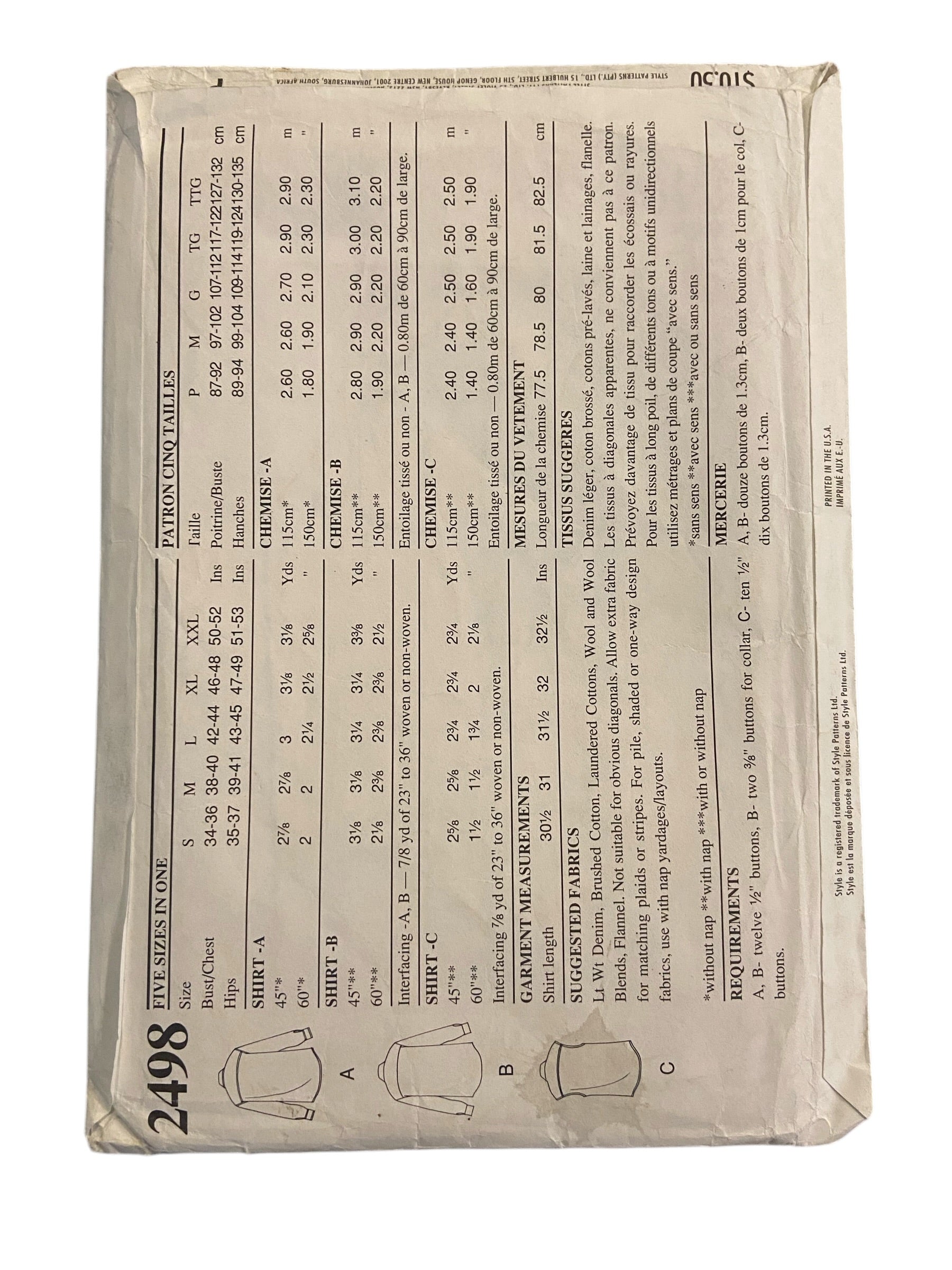 Style 2498 vintage 1990s women’s or men's  shirt sewing pattern. Sizes small to extra extra large