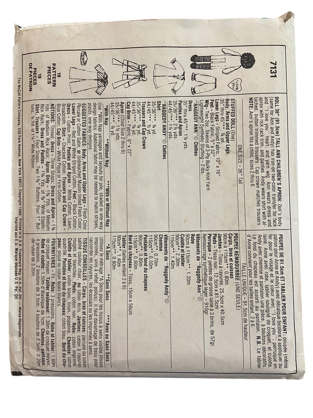 McCall’s 7131 vintage 1980s Raggedy Ann and Raggedy Andy doll 36 inch 91.5 cm tall and children’s apron to fit 2 year old sewing pattern