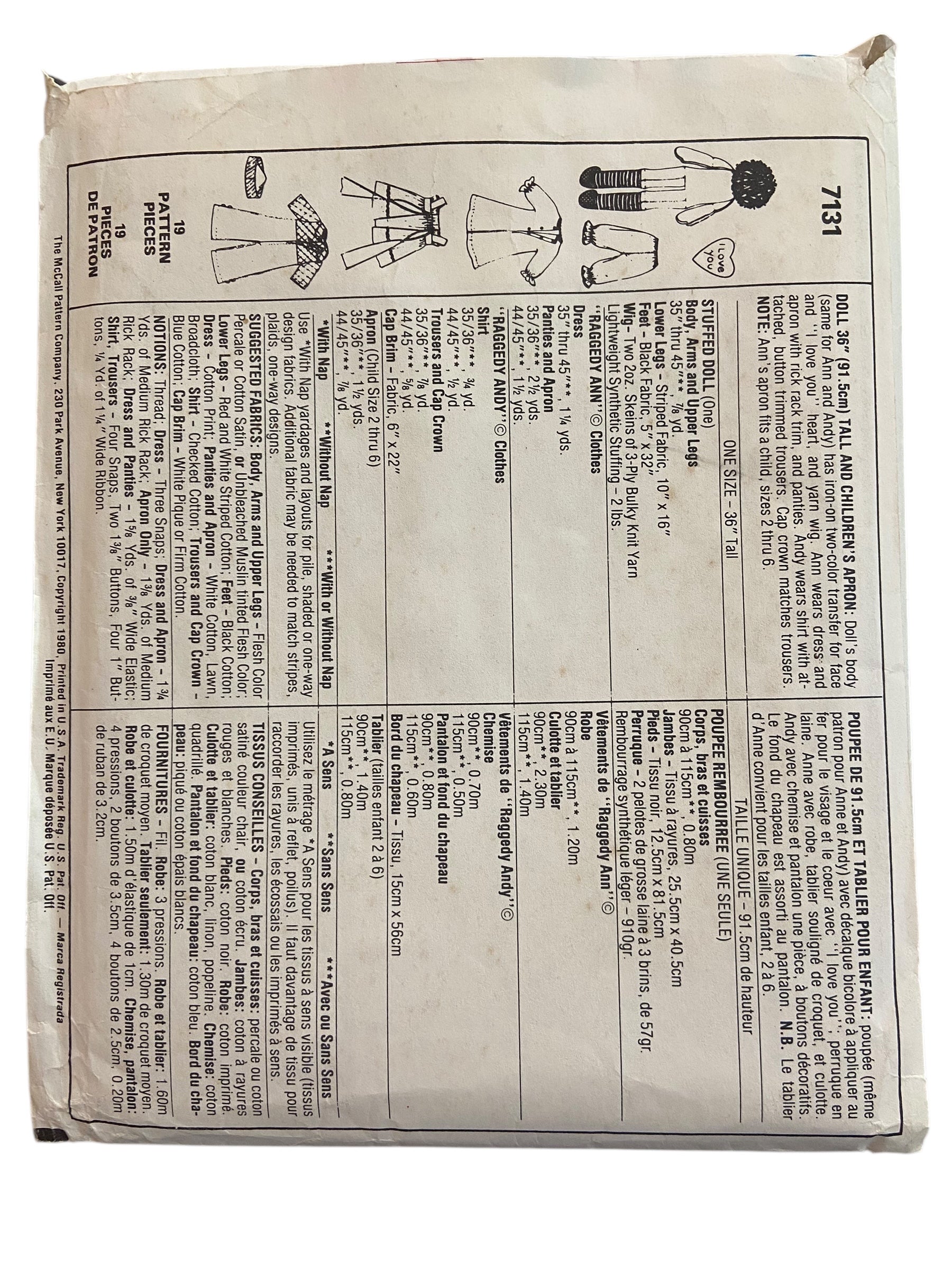 McCall’s 7131 vintage 1980s Raggedy Ann and Raggedy Andy doll 36 inch 91.5 cm tall and children’s apron to fit 2 year old sewing pattern