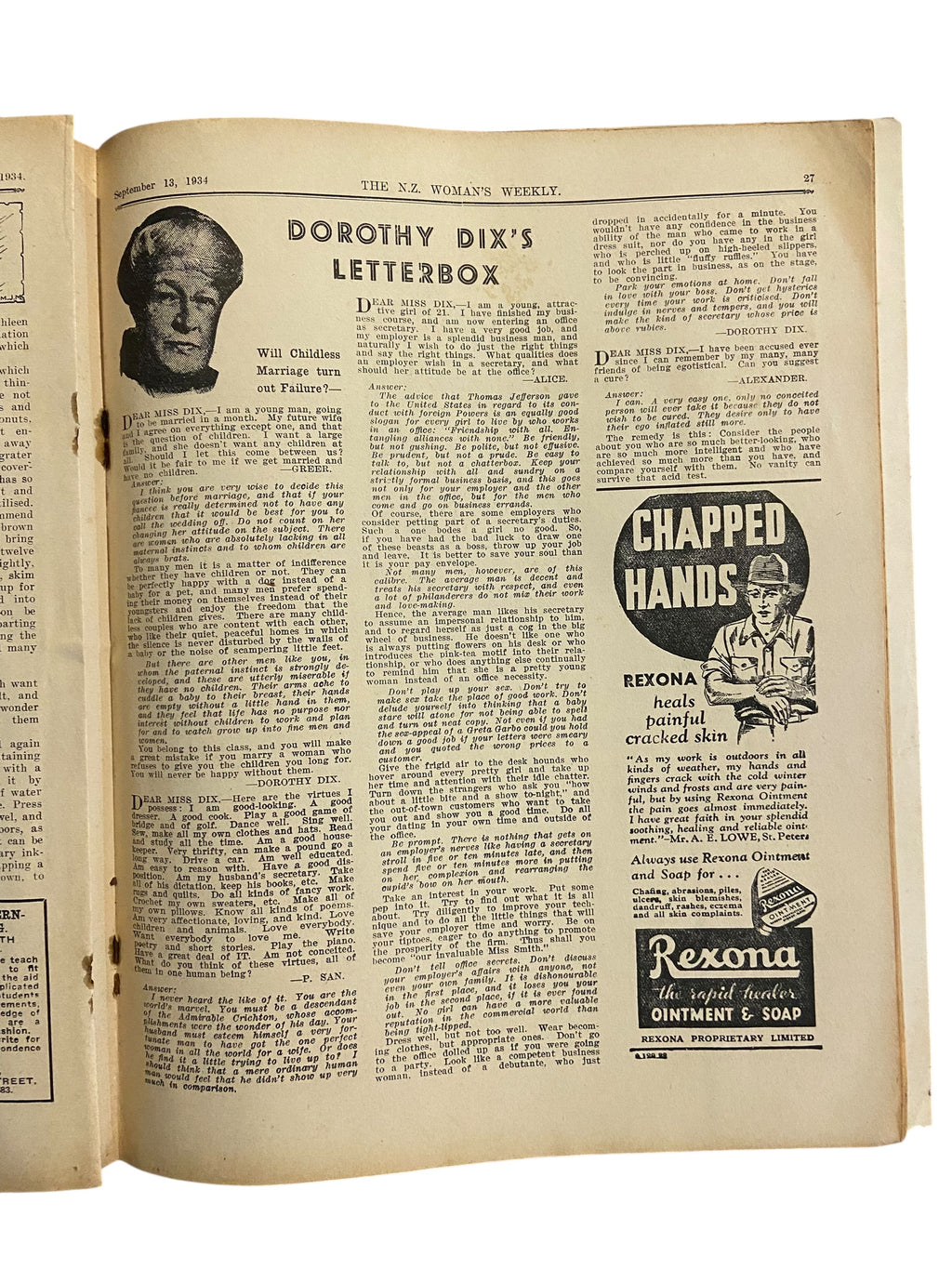 New Zealand Woman’s Weekly September 13 1934 with a sewing pattern, unused, factory folded, ladies maternity frock (attractive and simple maternity frock), bust 36 inches