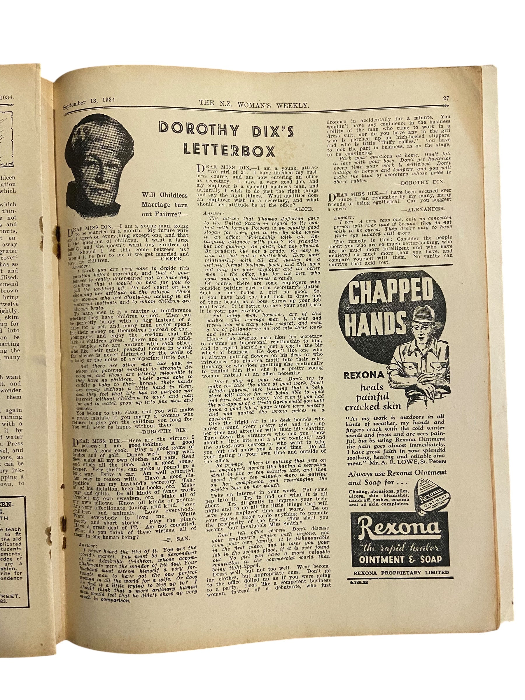New Zealand Woman’s Weekly September 13 1934 with a sewing pattern, unused, factory folded, ladies maternity frock (attractive and simple maternity frock), bust 36 inches