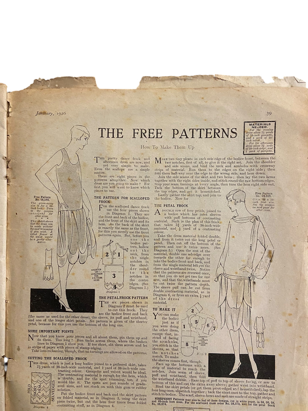 Fashions for All magazine February 1925 with two dress sewing patterns, unused. Bust 36 inches.