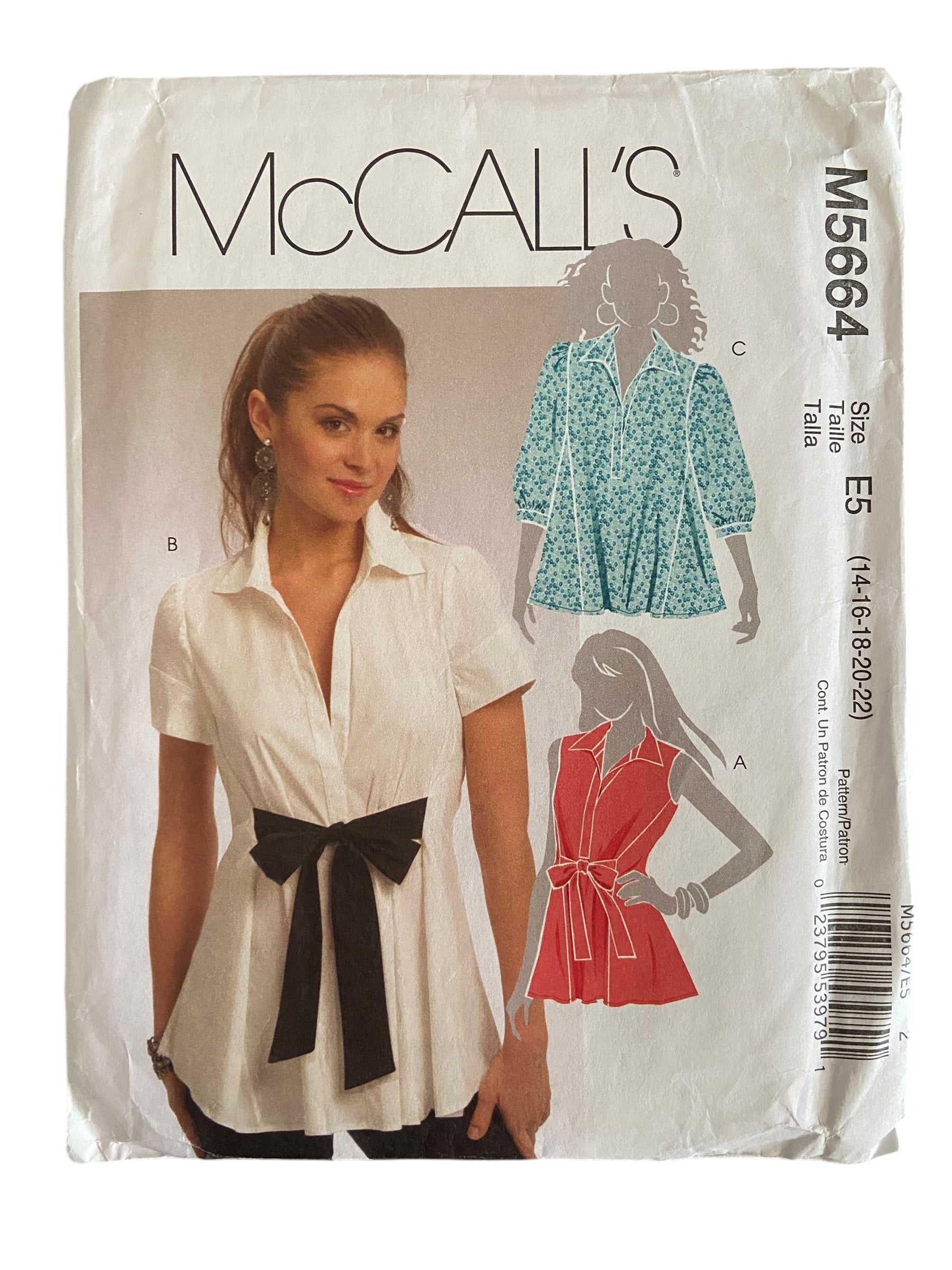 McCall’s M5664 shirts sewing pattern from the 2000s. Bust 36, 38, 40, 42, 44 inches.