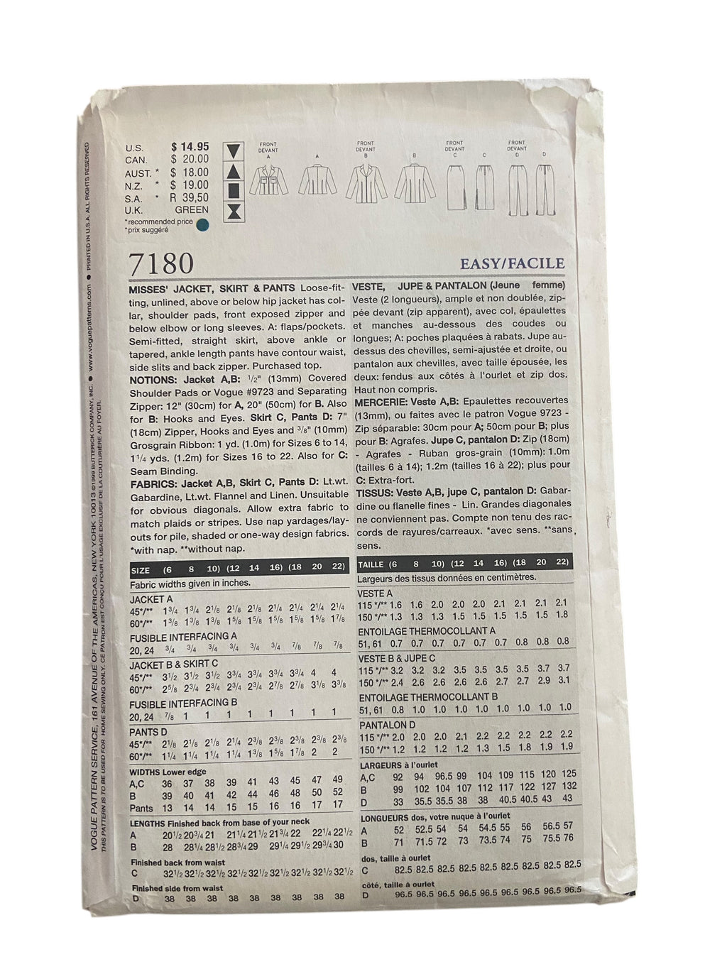 Vogue 7180 vintage 1990s jacket, skirt and pants sewing pattern. Bust 34, 36, 38 inches