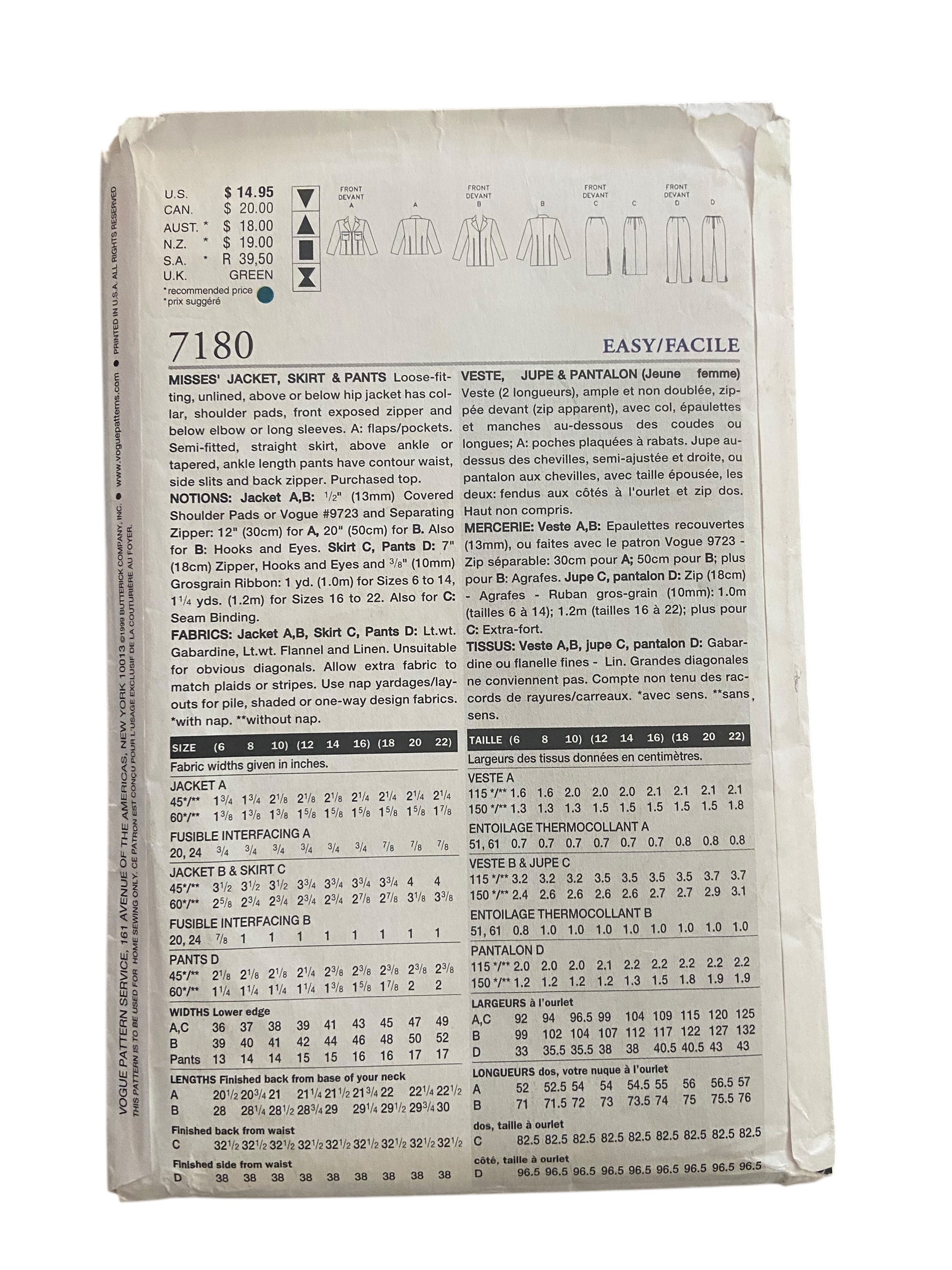 Vogue 7180 vintage 1990s jacket, skirt and pants sewing pattern. Bust 34, 36, 38 inches