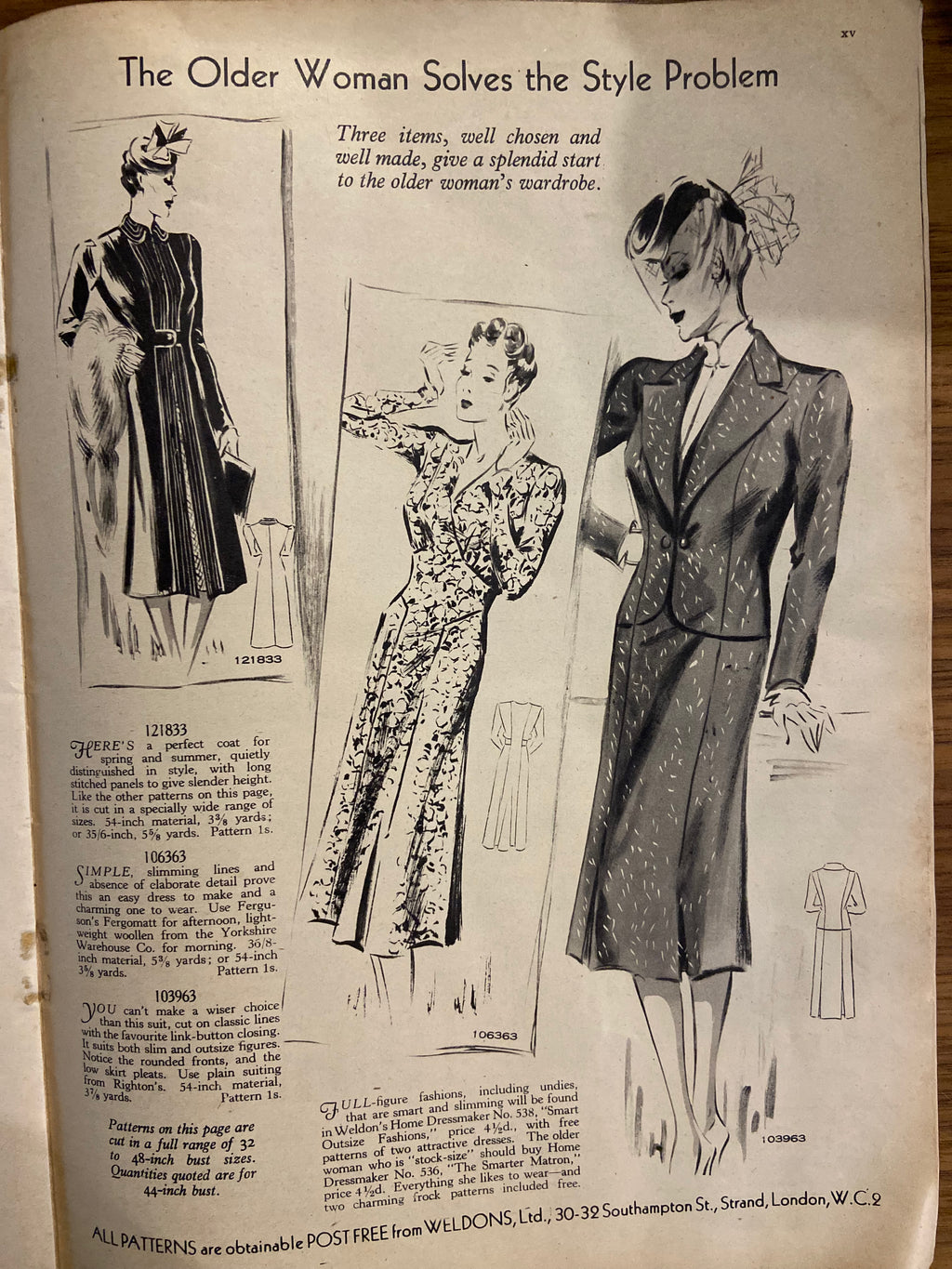 Weldon’s Ladies’ Journal No. 717 Portfolio of Fashions circa 1930s with two sewing patterns, unused, factory folded spring suit and day frock. Bust 36 inches.