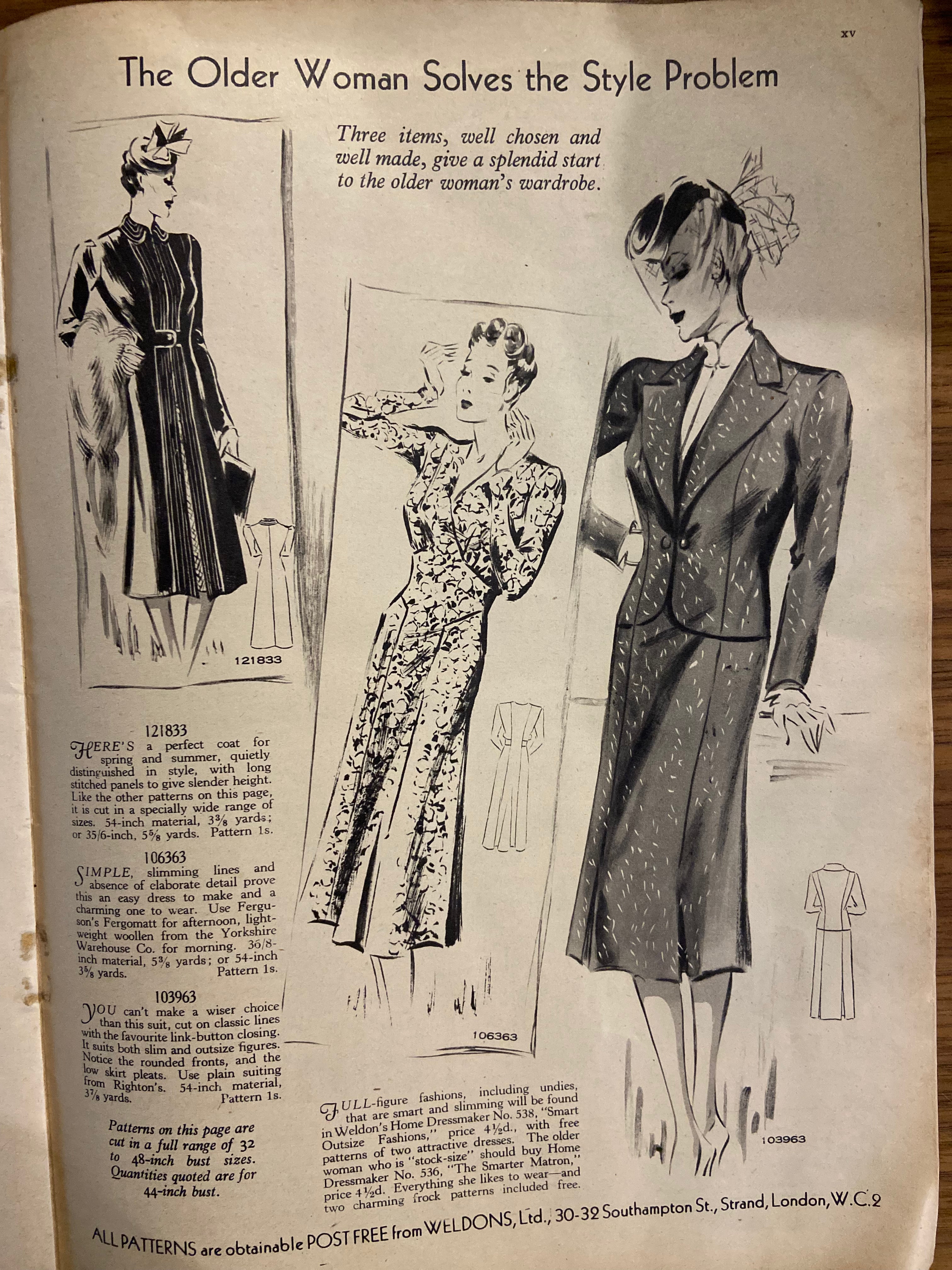 Weldon’s Ladies’ Journal No. 717 Portfolio of Fashions circa 1930s with two sewing patterns, unused, factory folded spring suit and day frock. Bust 36 inches.