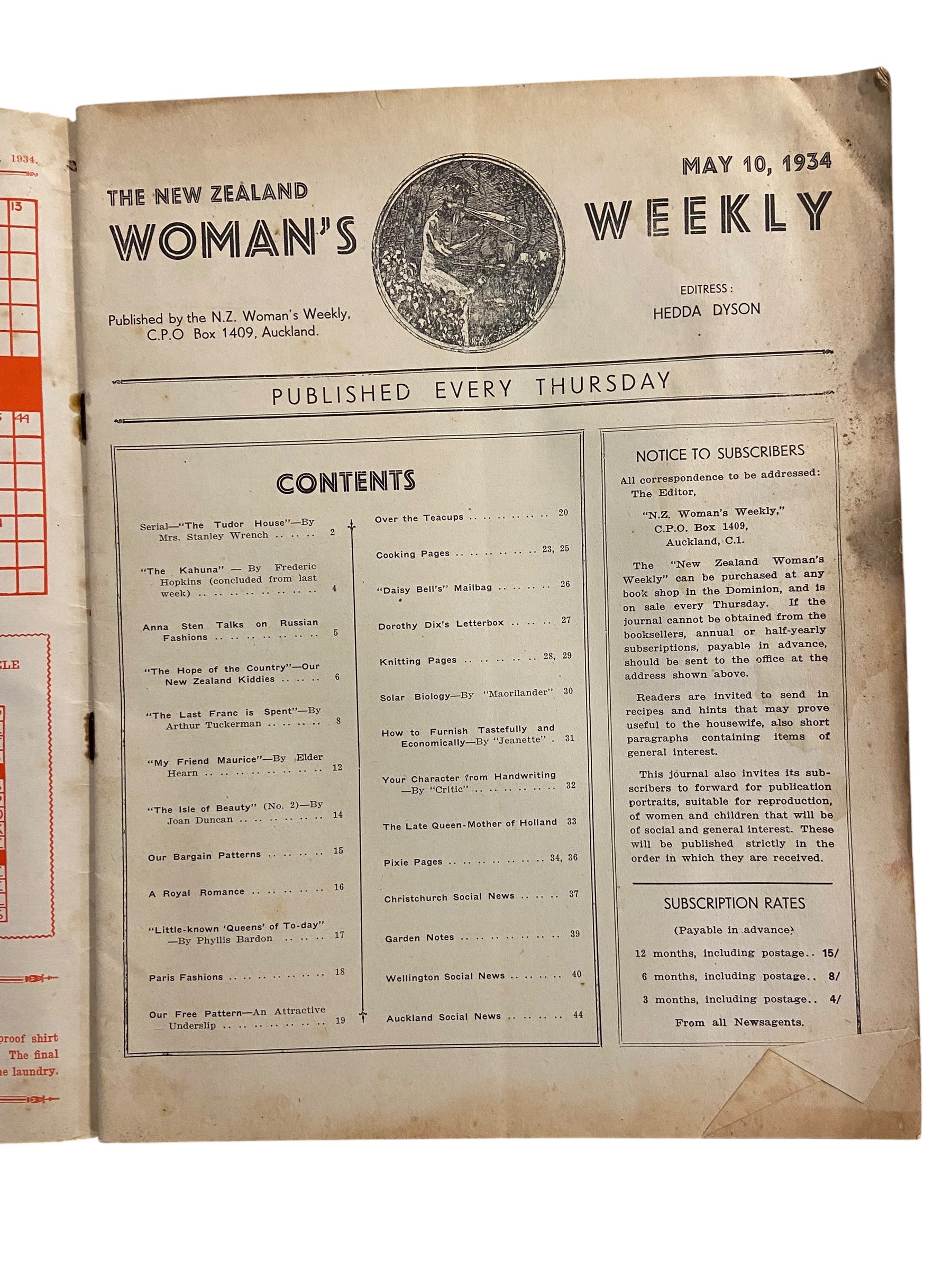 New Zealand Woman’s Weekly  May 10 1934 with a sewing pattern, unused, factory folded, attractive underslip bust 34 inches