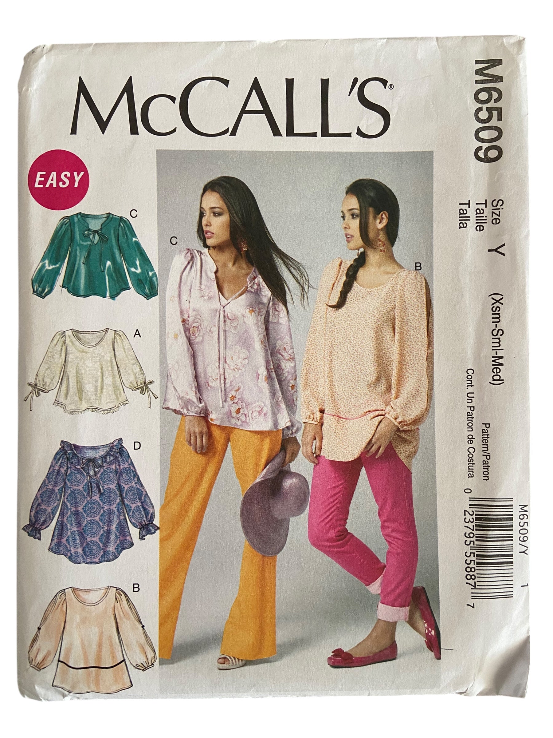 McCall's M65609 tops and tunics sewing pattern from the 2000s. Bust 29.5, 30.5, 31.5, 32.5, 34, 36 inches.