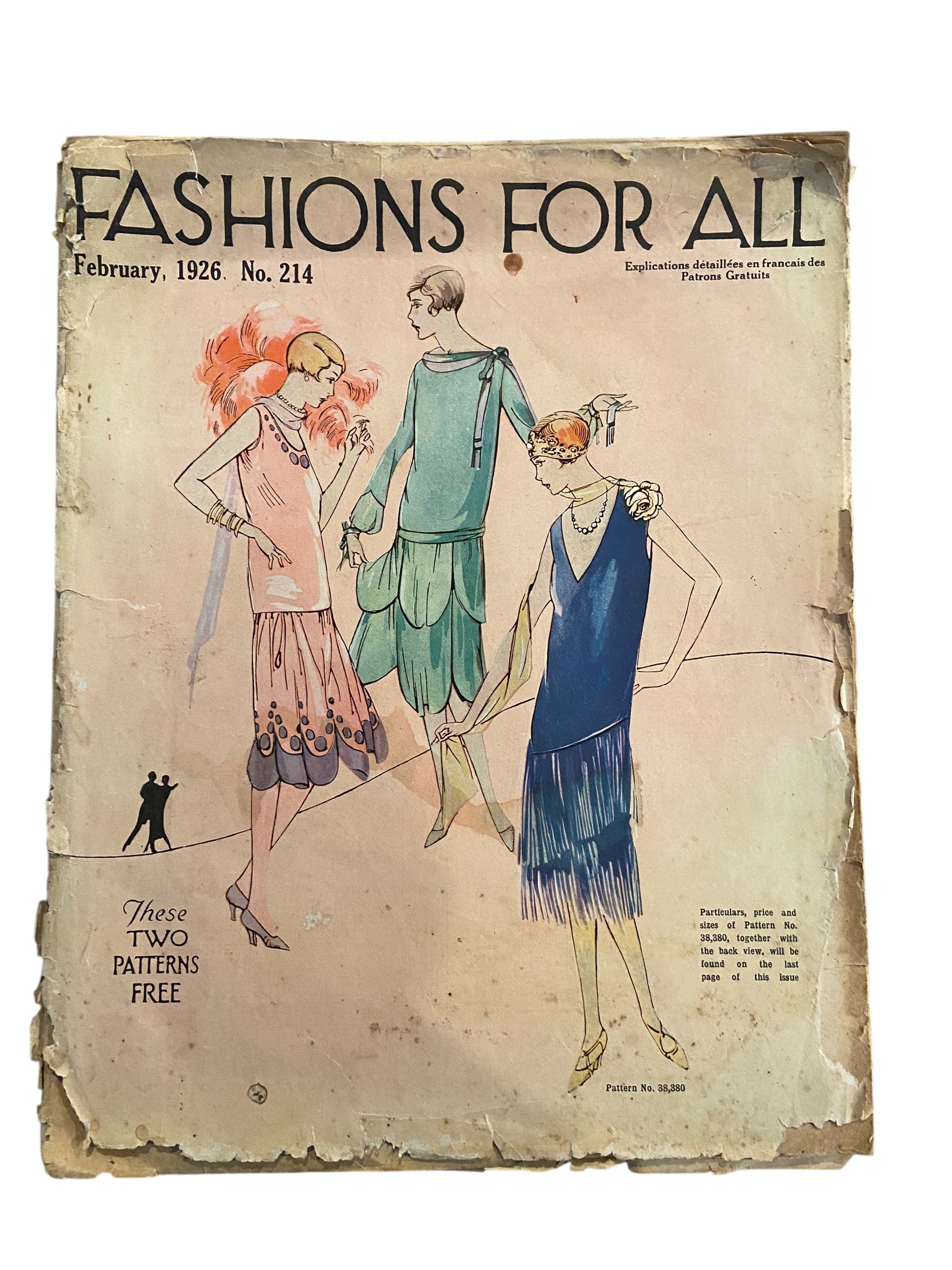Fashions for All magazine February 1925 with two dress sewing patterns, unused. Bust 36 inches.