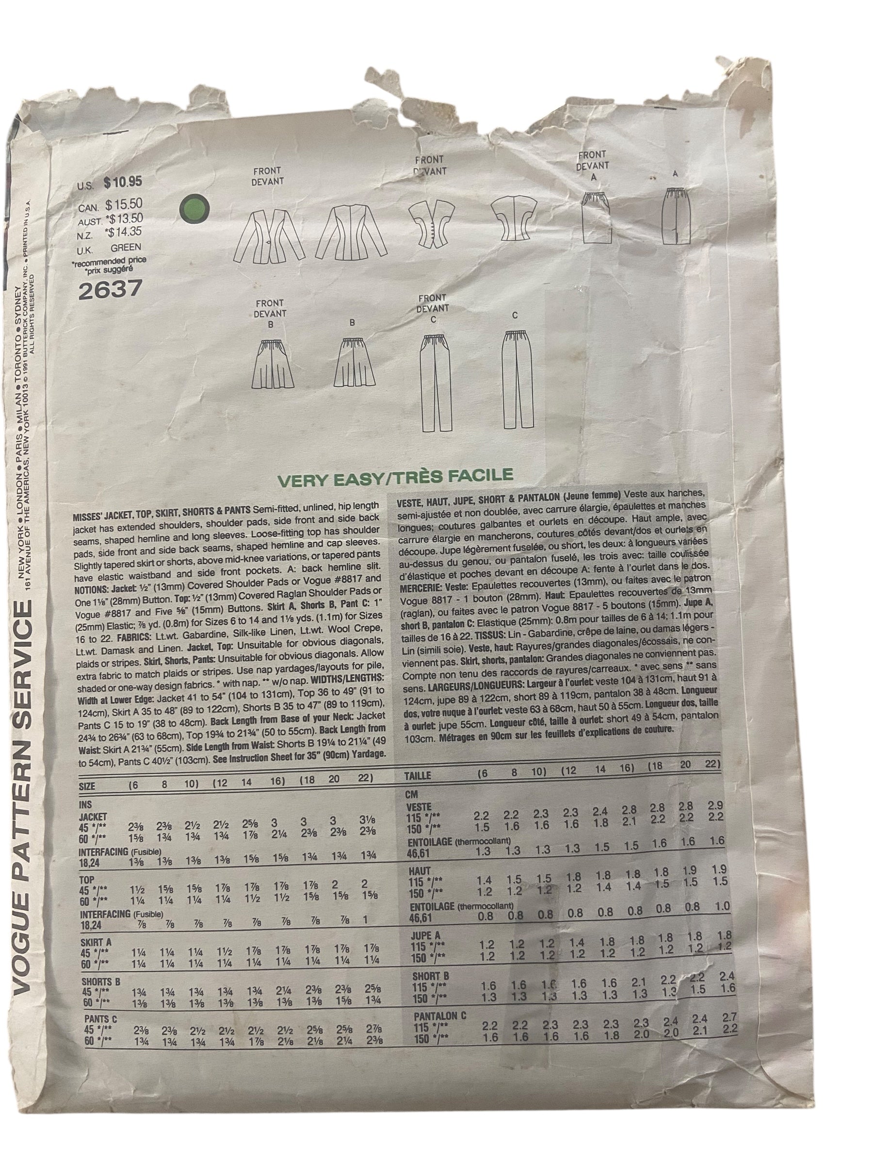 Vogue 2637 vintage 1990s Career Wardrobe jacket, top, skirt, shorts and pants sewing pattern Bust 34, 36, 38 inches