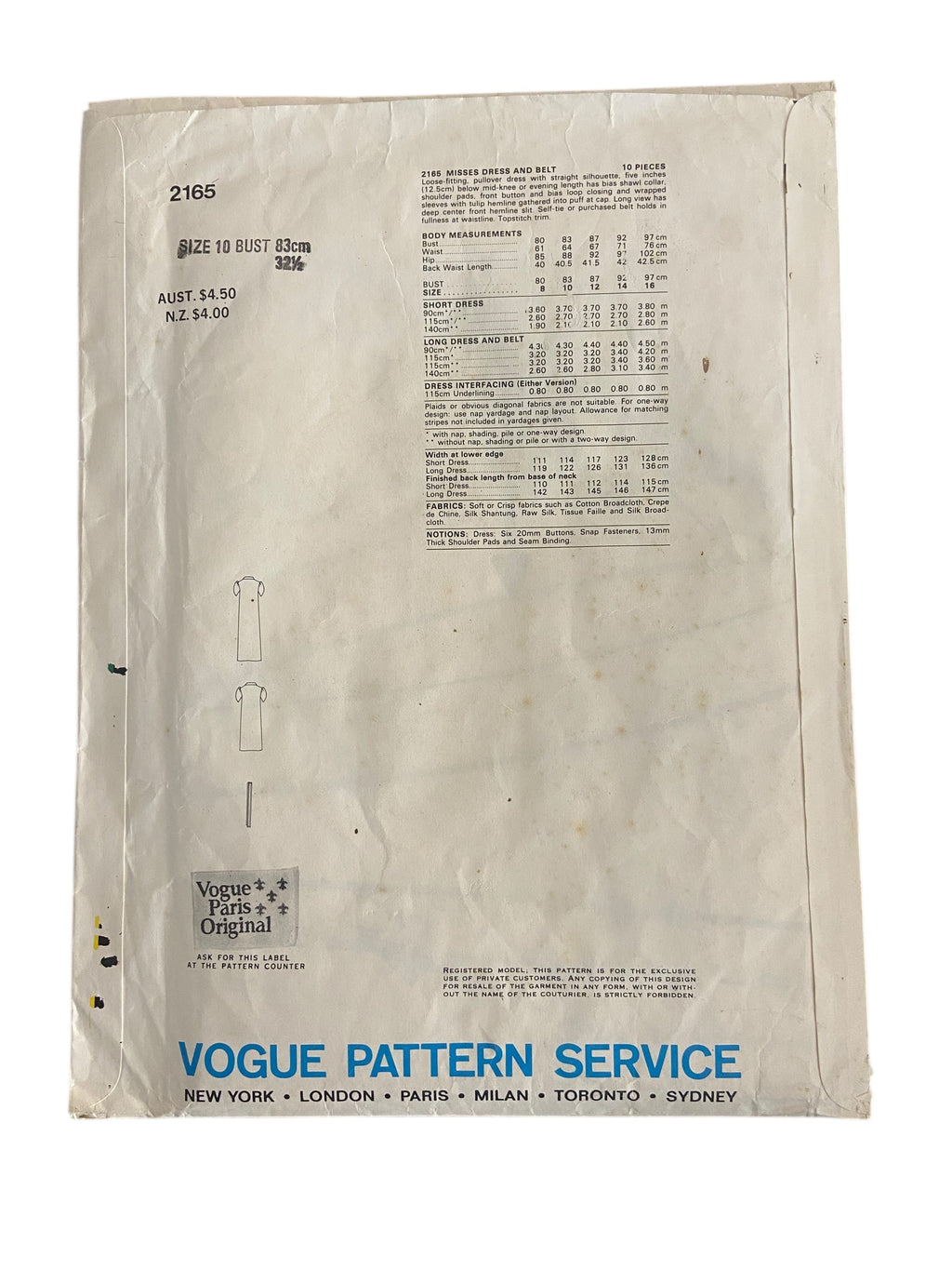 Vogue 2165 Vogue Paris Original dress and belt sewing pattern. Givenchy. Bust 32.5 inches