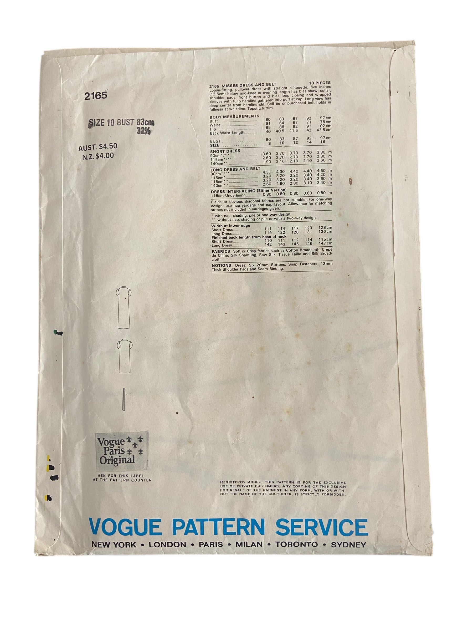 Vogue 2165 Vogue Paris Original dress and belt sewing pattern. Givenchy. Bust 32.5 inches