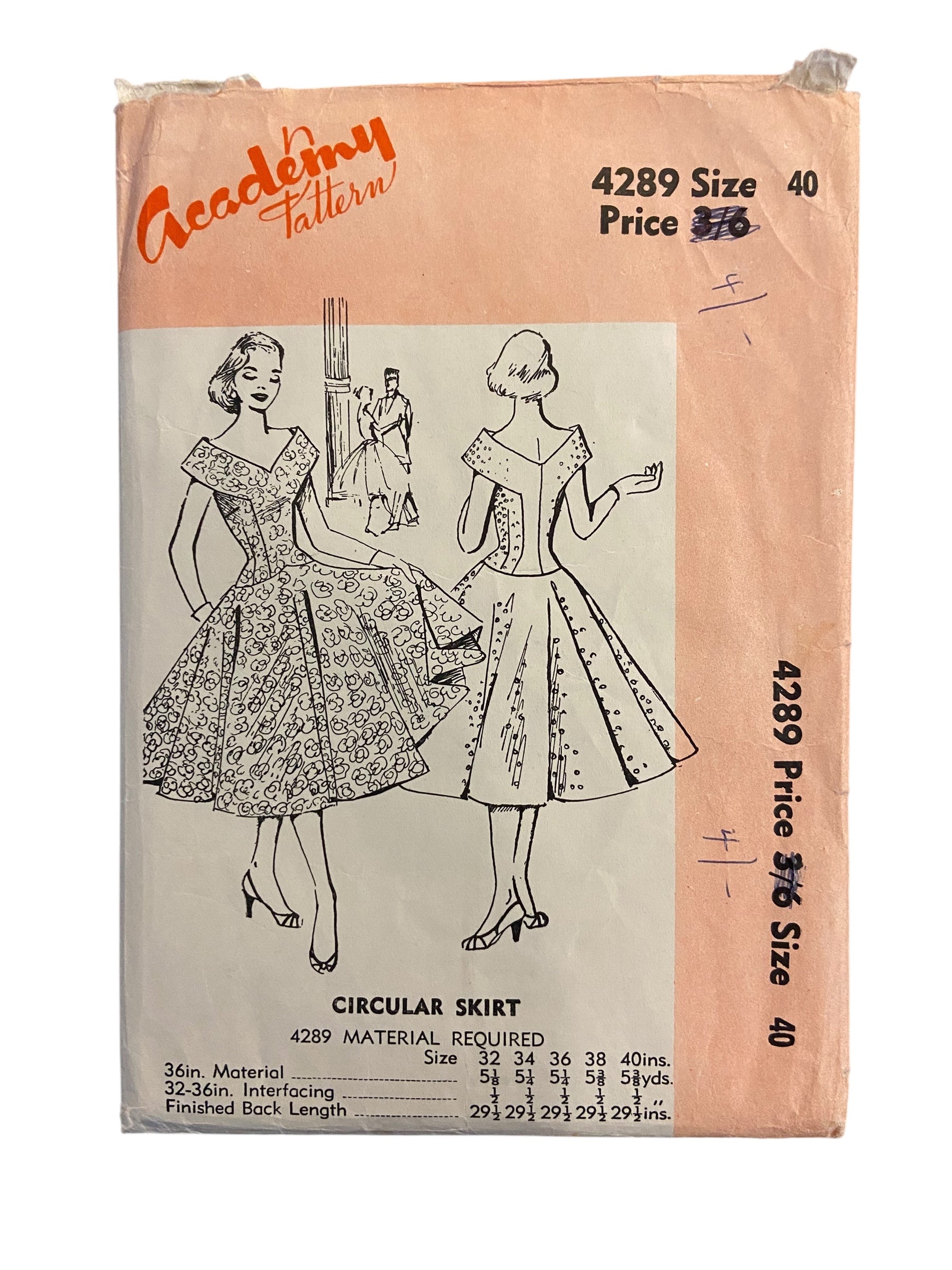 Academy 4289 vintage 1950s UNPRINTED dress sewing pattern Bust 40 inches