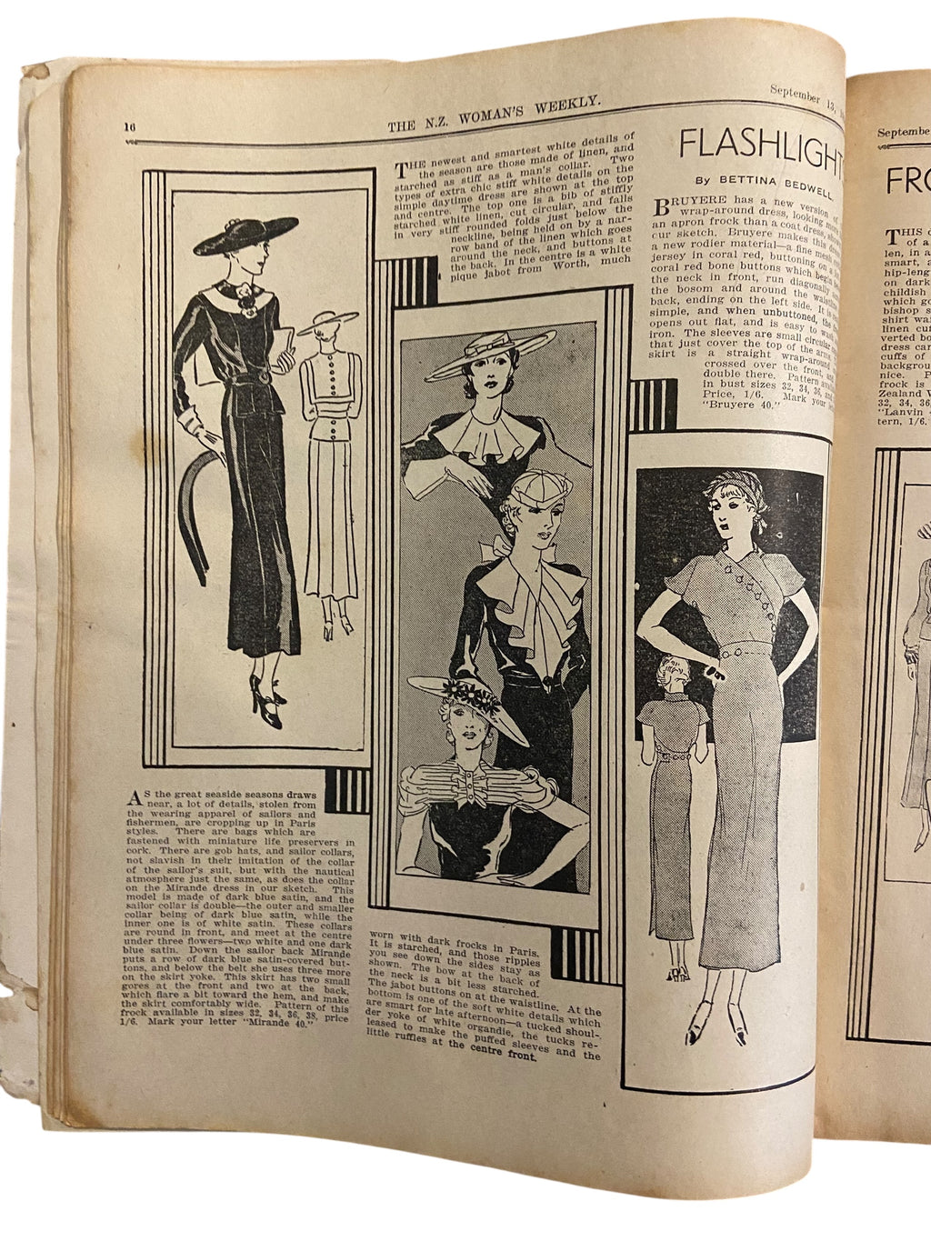 New Zealand Woman’s Weekly September 13 1934 with a sewing pattern, unused, factory folded, ladies maternity frock (attractive and simple maternity frock), bust 36 inches