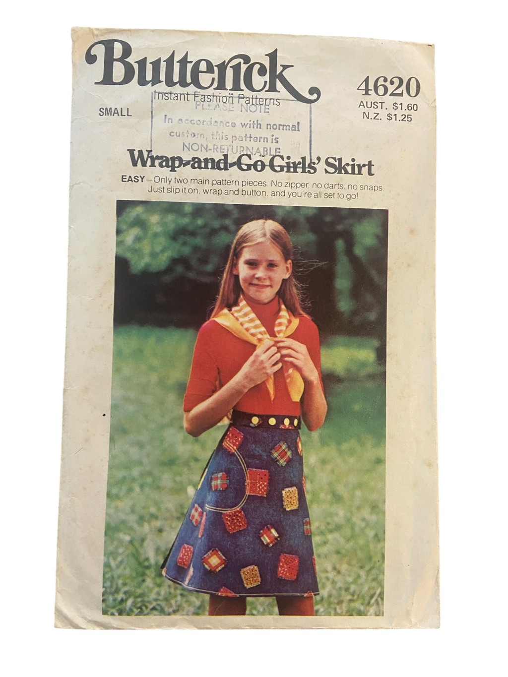 Butterick 4620 vintage 1970s child's wrap skirt sewing pattern Size small waist 24 inches