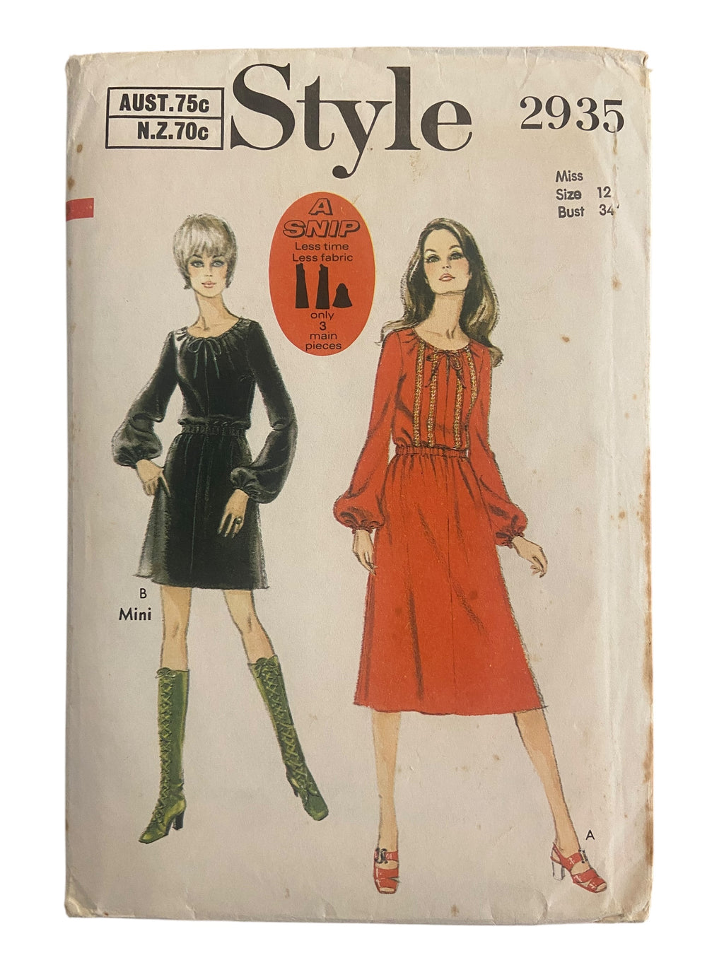 Style 2935 vintage 1960s dress sewing pattern Bust 34 inches