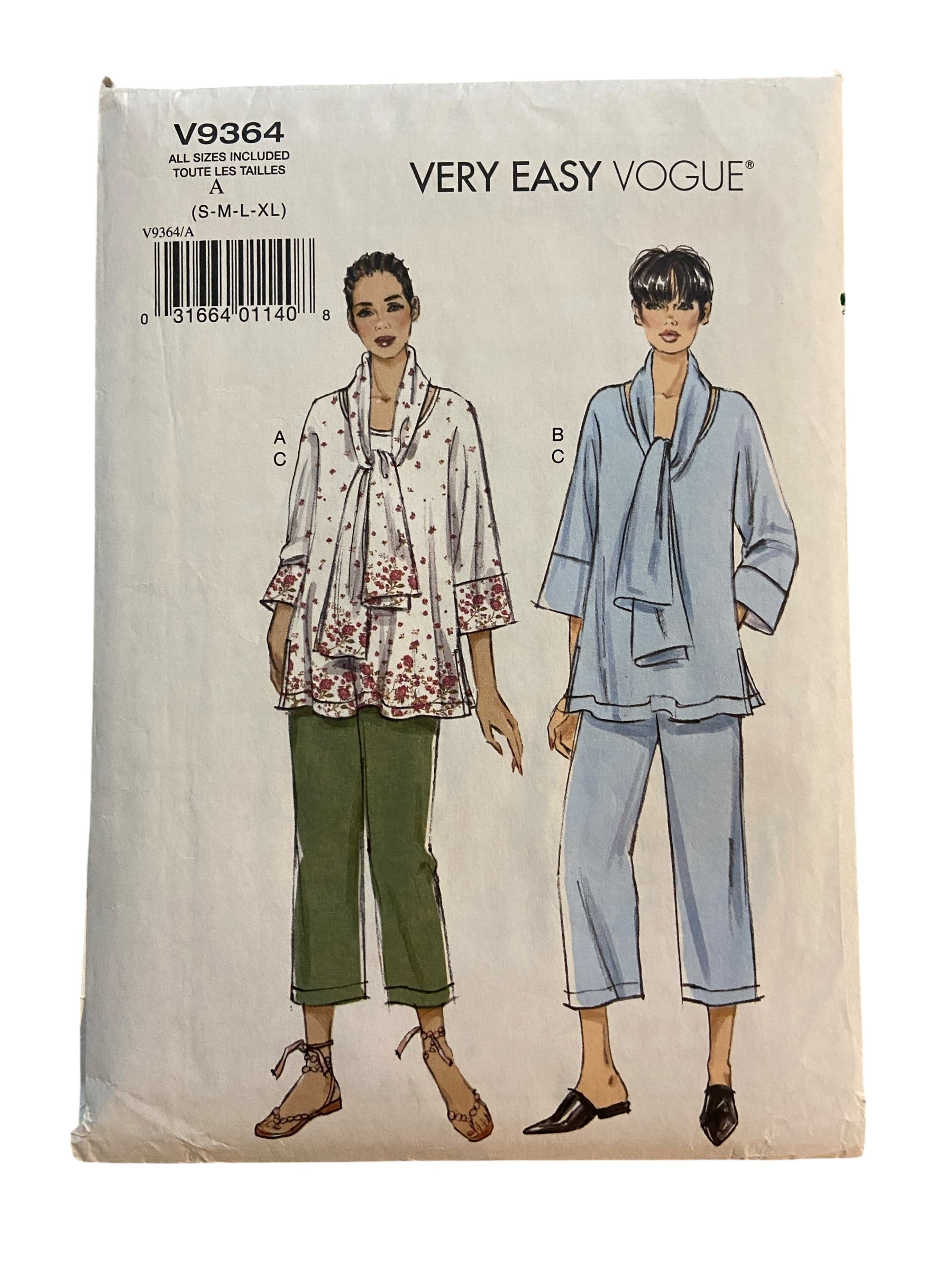 Vogue v9364 2000s sewing pattern top, scarf and pants. Bust 31.5, 32.5, 34, 36, 38, 40, 42, 44 inches
