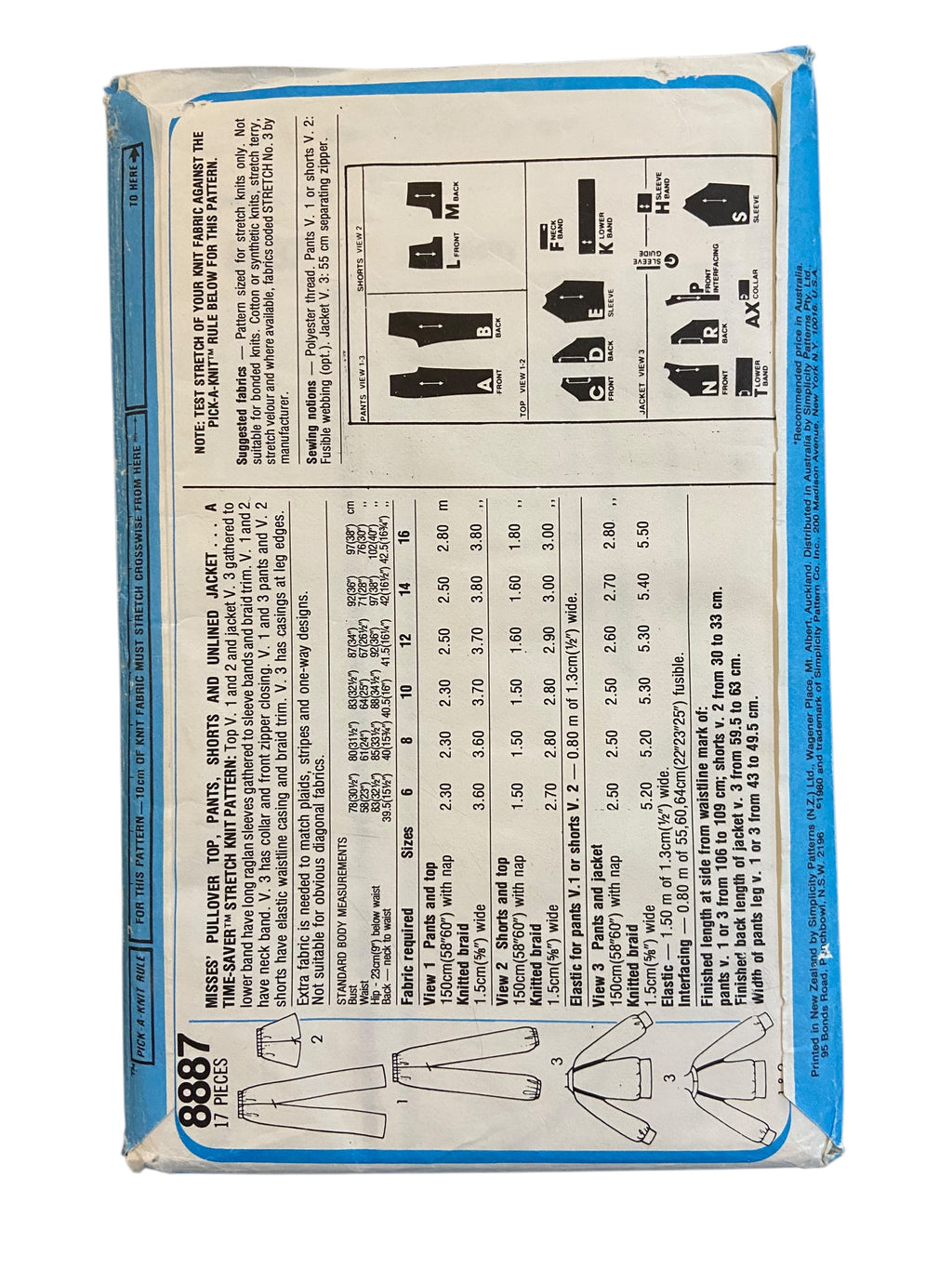 Simplicity 8887 vintage 1980s stretch workout top, pants, shorts and jacket sewing pattern. Bust 34, 36, 38 inches