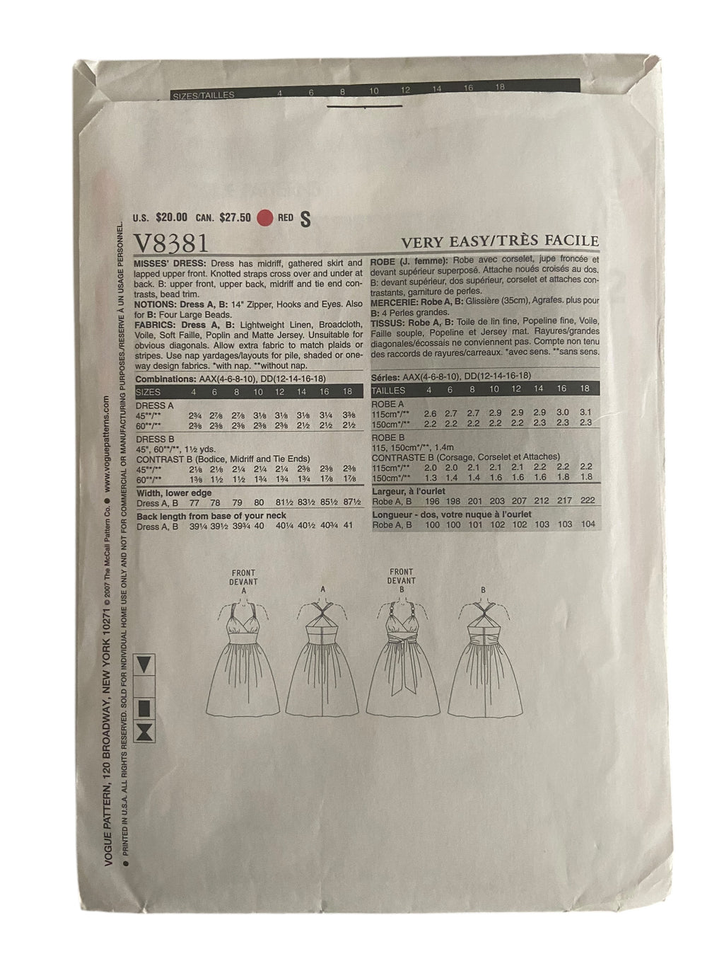 Vogue v8381 vintage 2000s dress sewing pattern. Bust 29.5, 30.5, 31.5, 32.5 inches