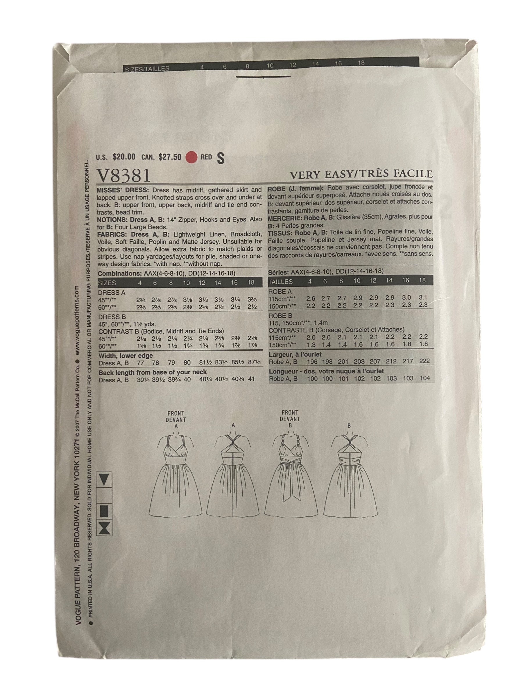 Vogue v8381 vintage 2000s dress sewing pattern. Bust 29.5, 30.5, 31.5, 32.5 inches
