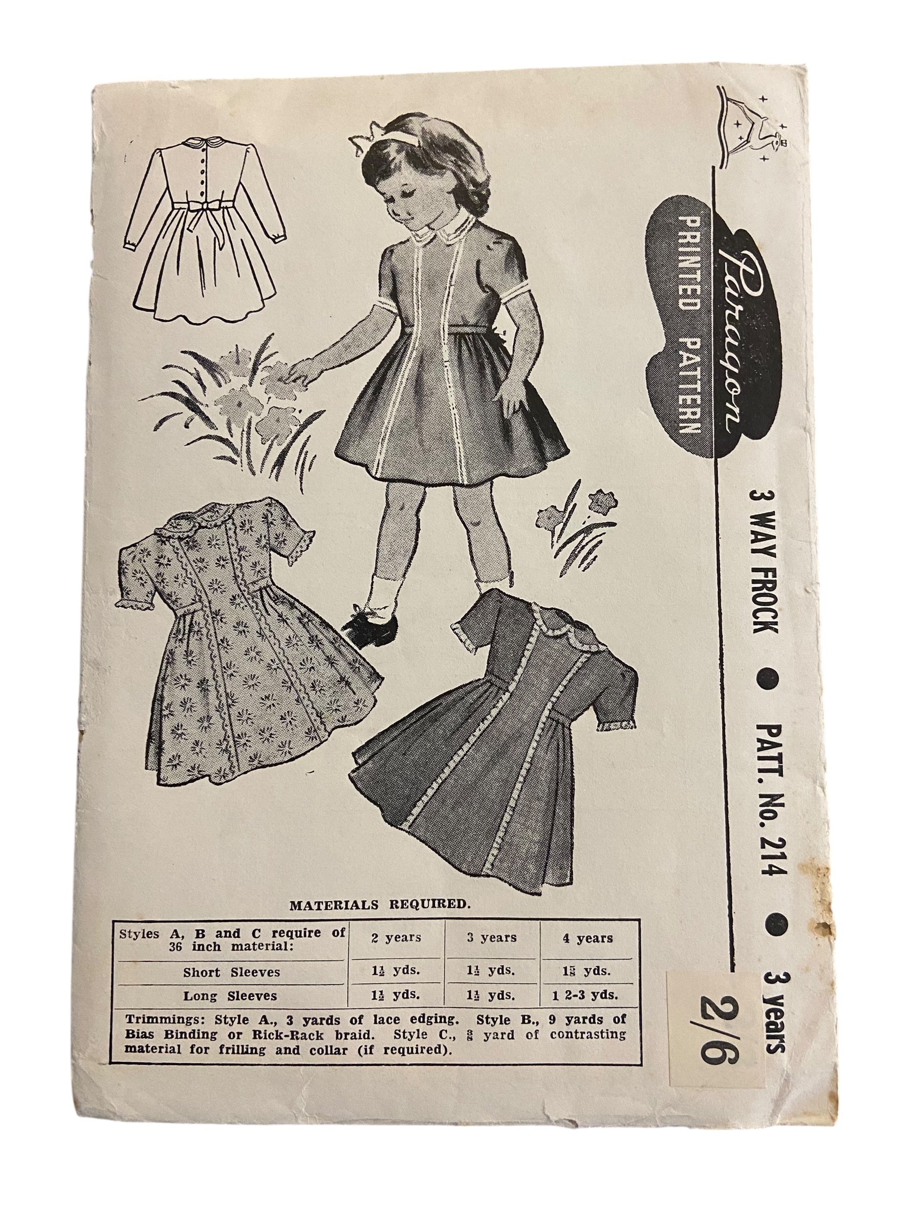 Paragon No. 214 vintage 1940's sewing pattern child’s dress. Size 3 years.