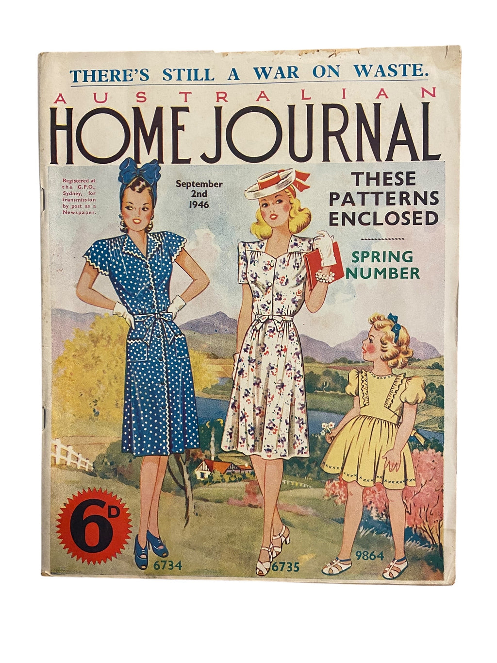 Australian home journal September 2nd 1946 with three sewing patterns, unused, factory folded, two women’s dresses (36 inch bust) and child’s frock age 8 years