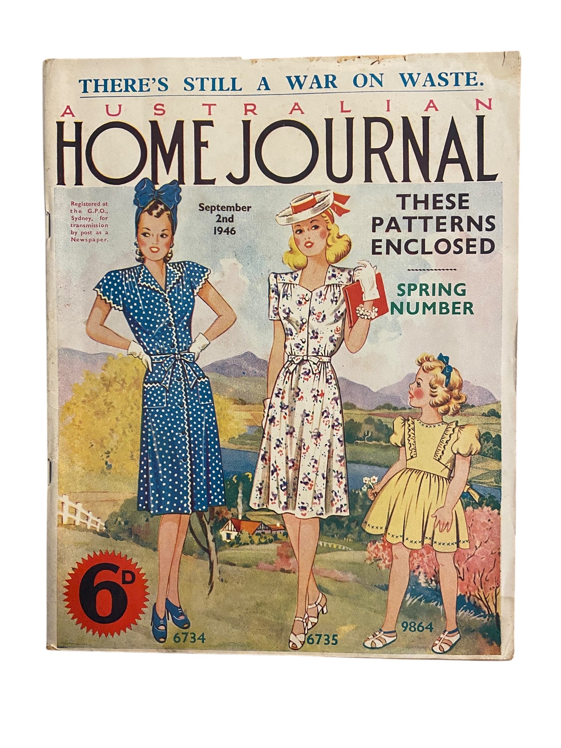 Australian home journal September 2nd 1946 with three sewing patterns, unused, factory folded, two women’s dresses (36 inch bust) and child’s frock age 8 years