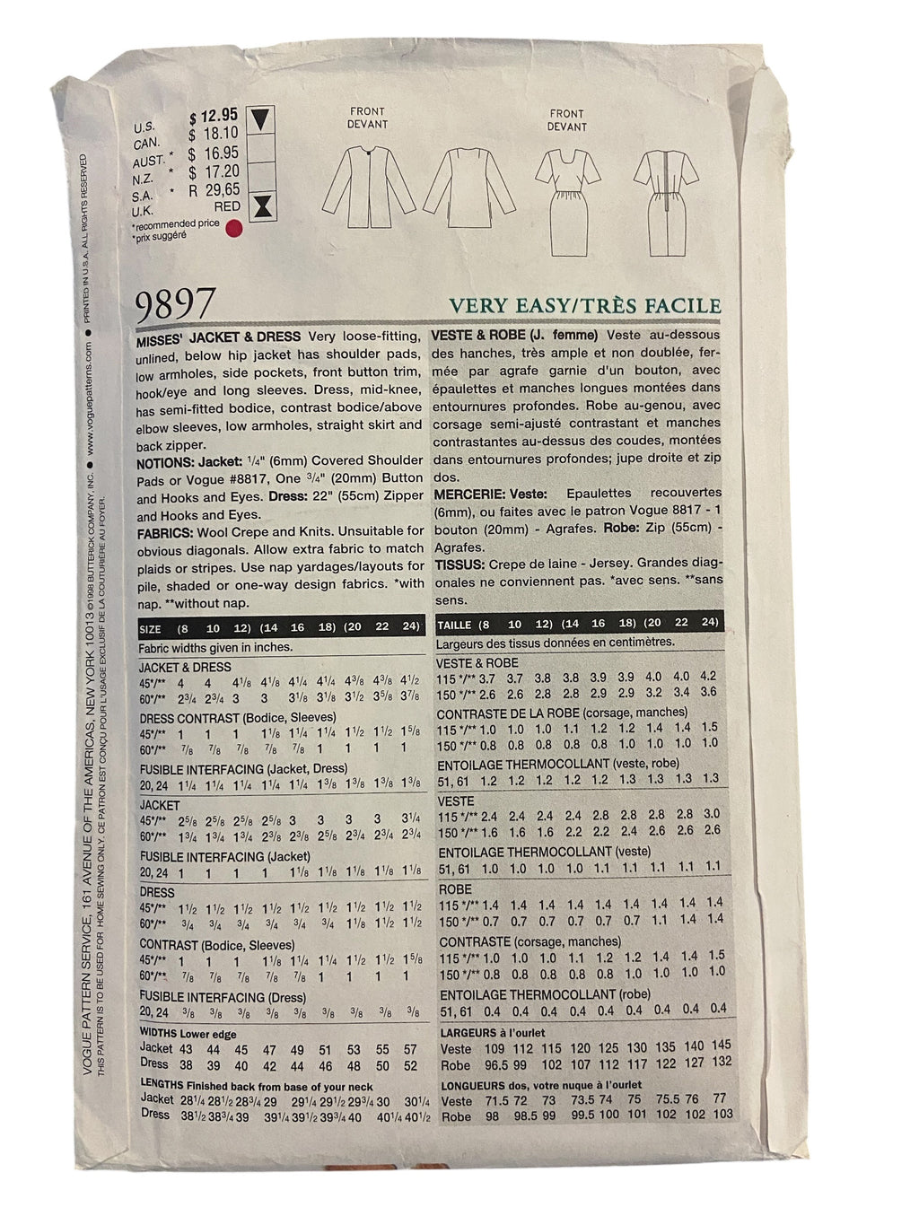 Vogue 9897 vintage Koko Beall jacket and dress sewing pattern Bust 36, 38, 40 inches