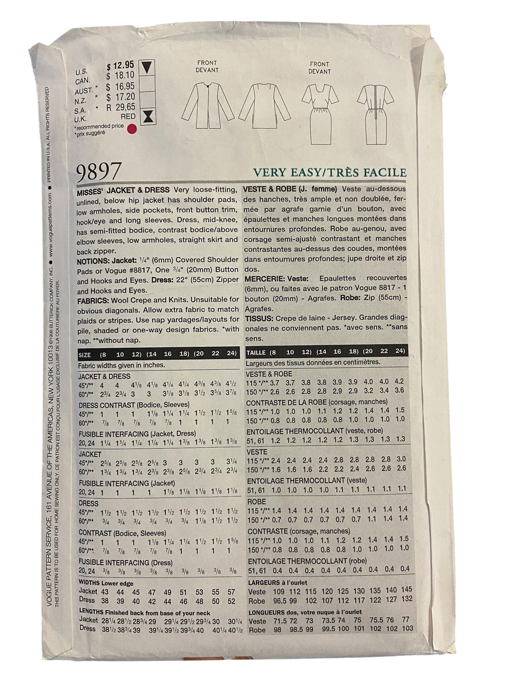 Vogue 9897 vintage Koko Beall jacket and dress sewing pattern Bust 36, 38, 40 inches