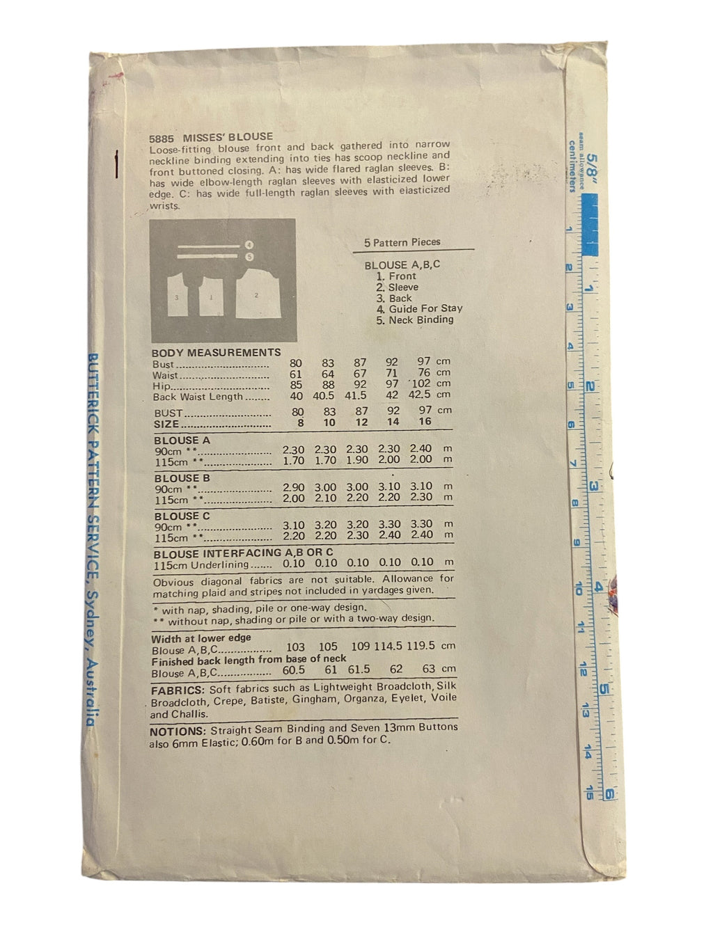 Butterick 5885 vintage 1970s peasant blouse pattern. Bust 32.5 inches
