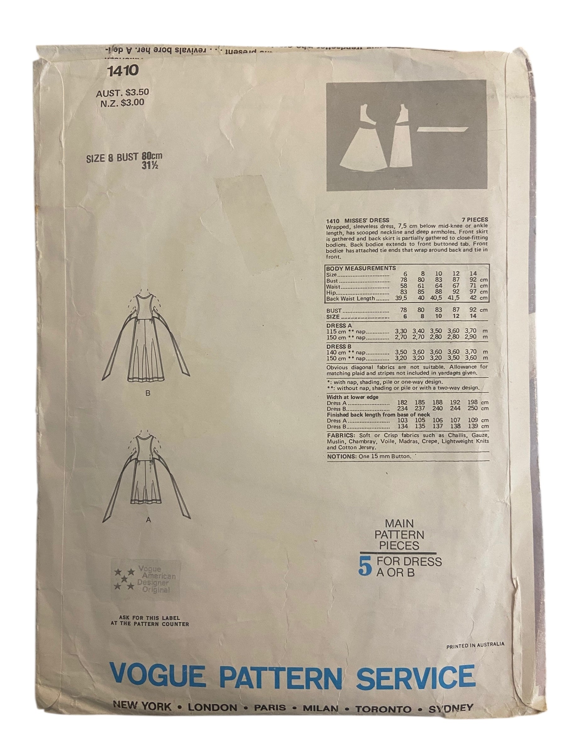 Vintage 1970s Vogue Designer Original Carol Horn dress sewing pattern. Bust 31.5 inches