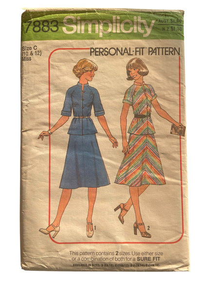 Simplicity 7883 vintage 1970s two-piece dress sewing pattern. Bust 32.5 and 34 inches