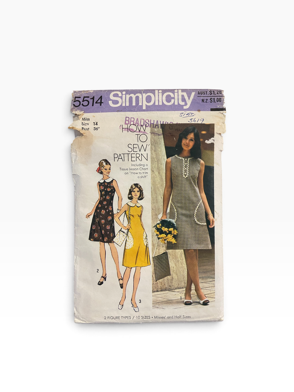 Simplicity 5514 vintage 1970s dress sewing pattern. Bust 36 inches