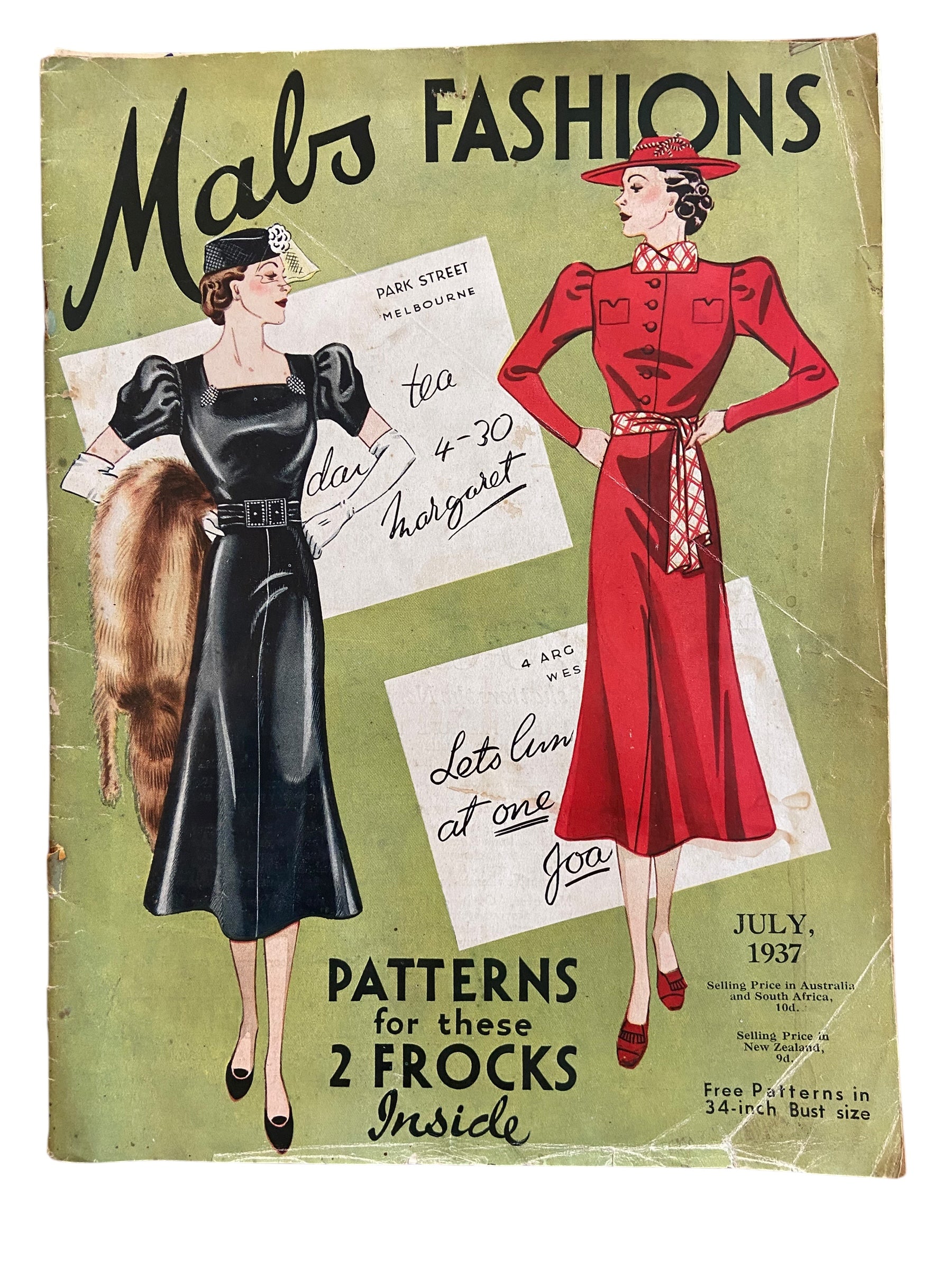 Mabs Fashions July 1937 with two dress sewing patterns, unused, factory folded. Bust 34 inches .