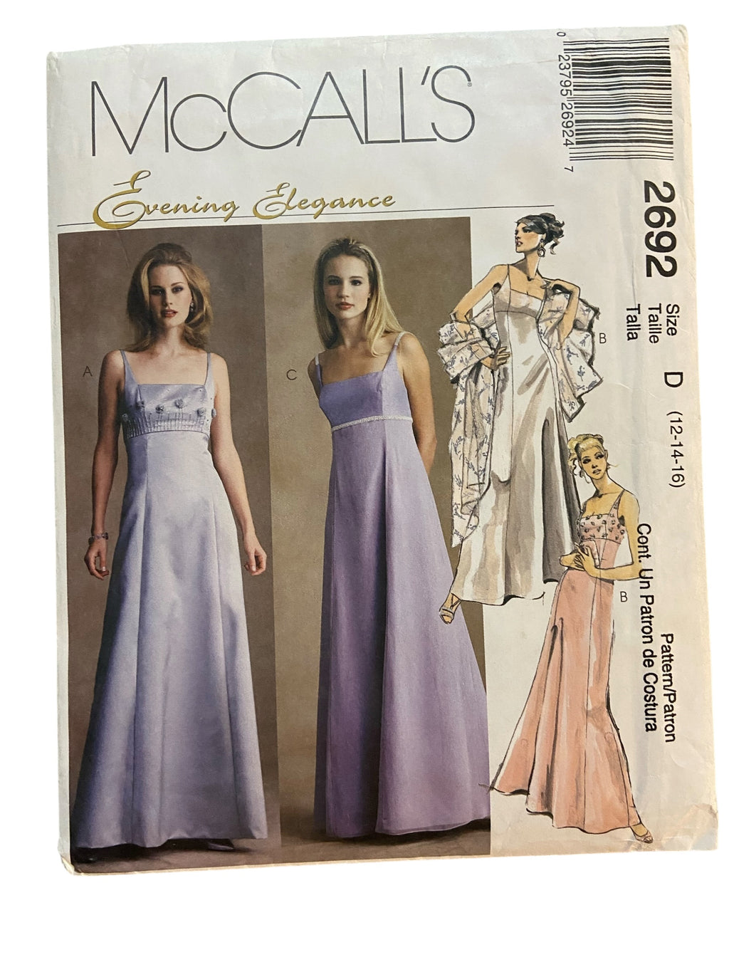 McCall's 2692 vintage 1990s lined evening dress and stole sewing pattern Bust 34, 36, 38 inches