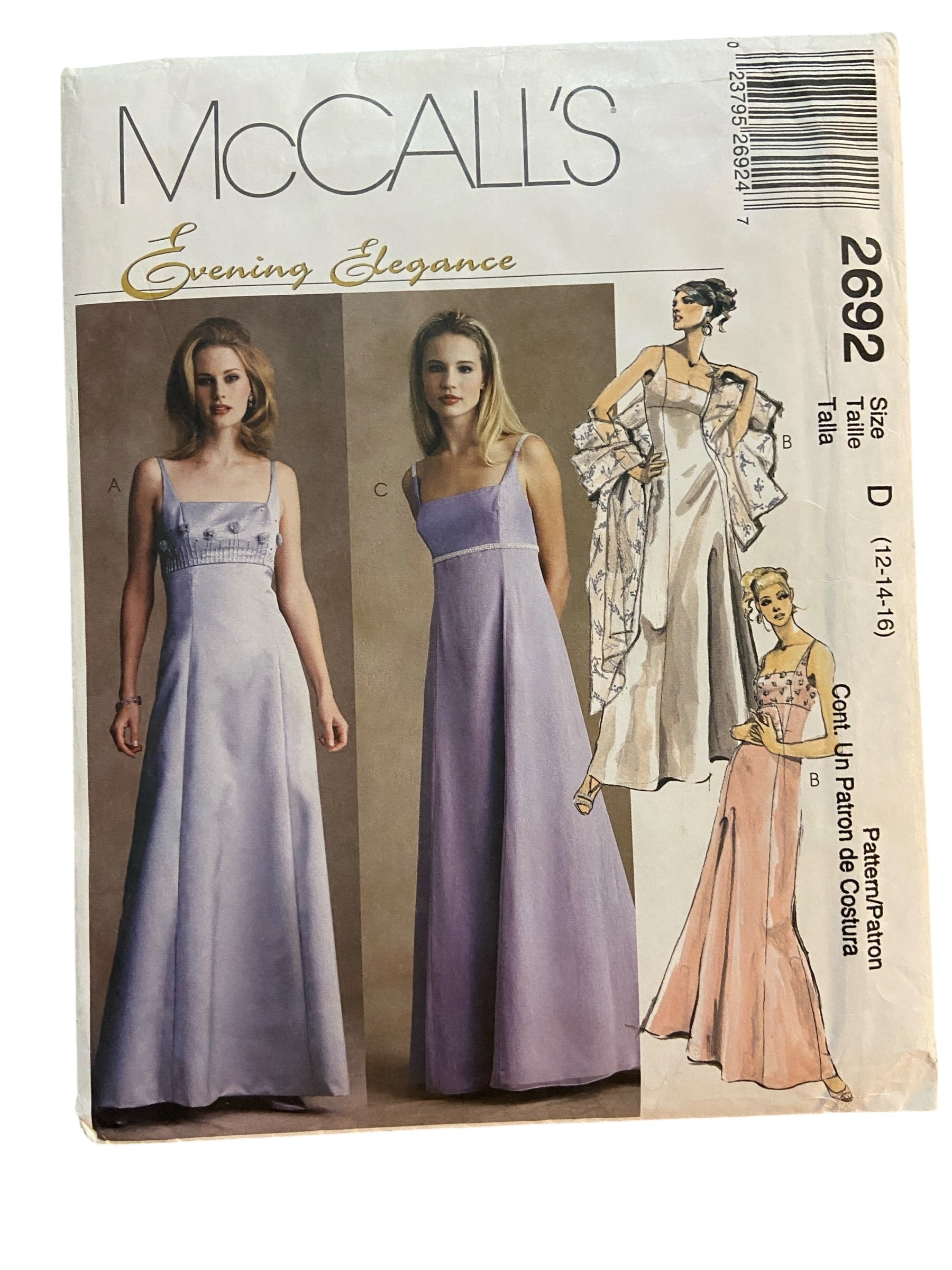 McCall's 2692 vintage 1990s lined evening dress and stole sewing pattern Bust 34, 36, 38 inches
