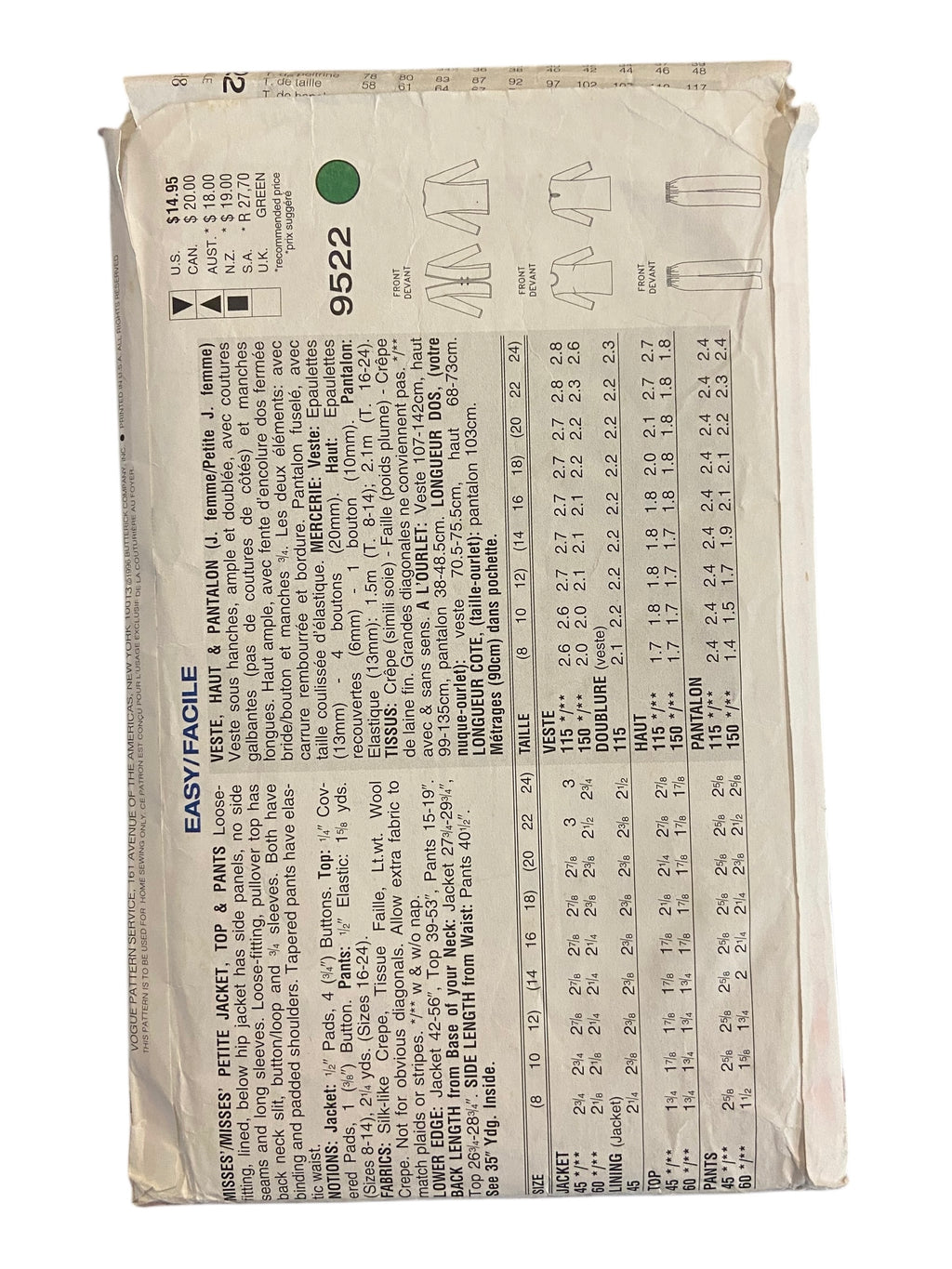 The Vogue Woman 9522 vintage 1990s jacket, top and pants sewing pattern Bust 36, 38, 40 inches