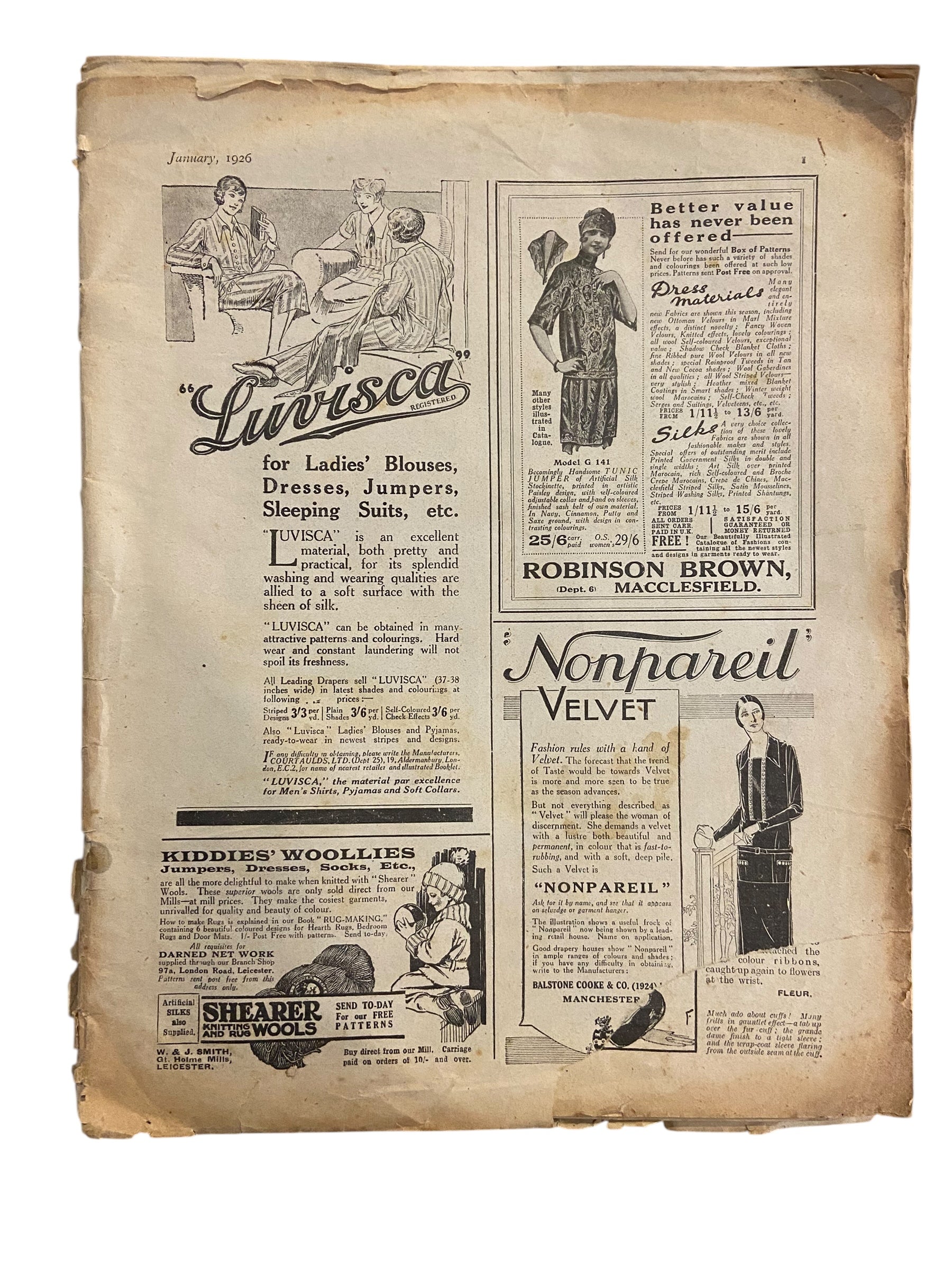 Fashions for All magazine February 1925 with two dress sewing patterns, unused. Bust 36 inches.