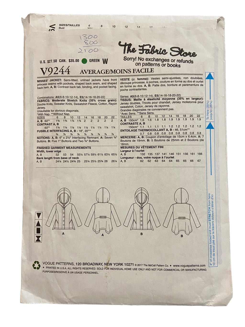 Vogue V9244 DESIGNER  Marci Tilton Designer jacket sewing pattern Bust 30.5, 31.5. 32.5, 34, 36 inches