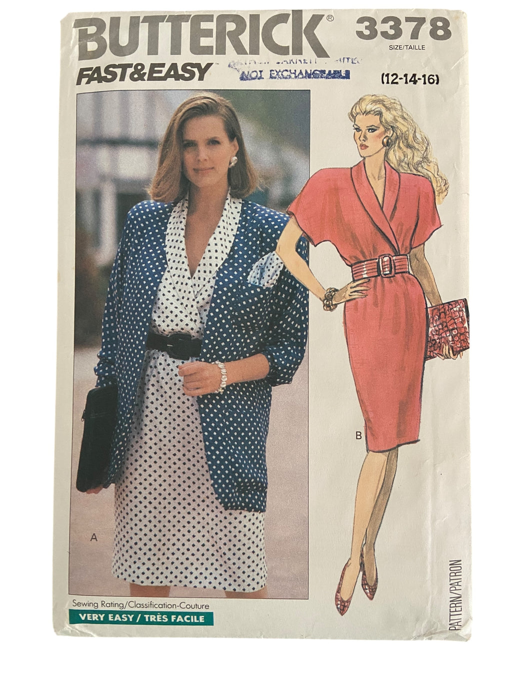 Butterick 3378 vintage 1980s jacket and dress sewing pattern. Bust 34, 36, 38 inches.