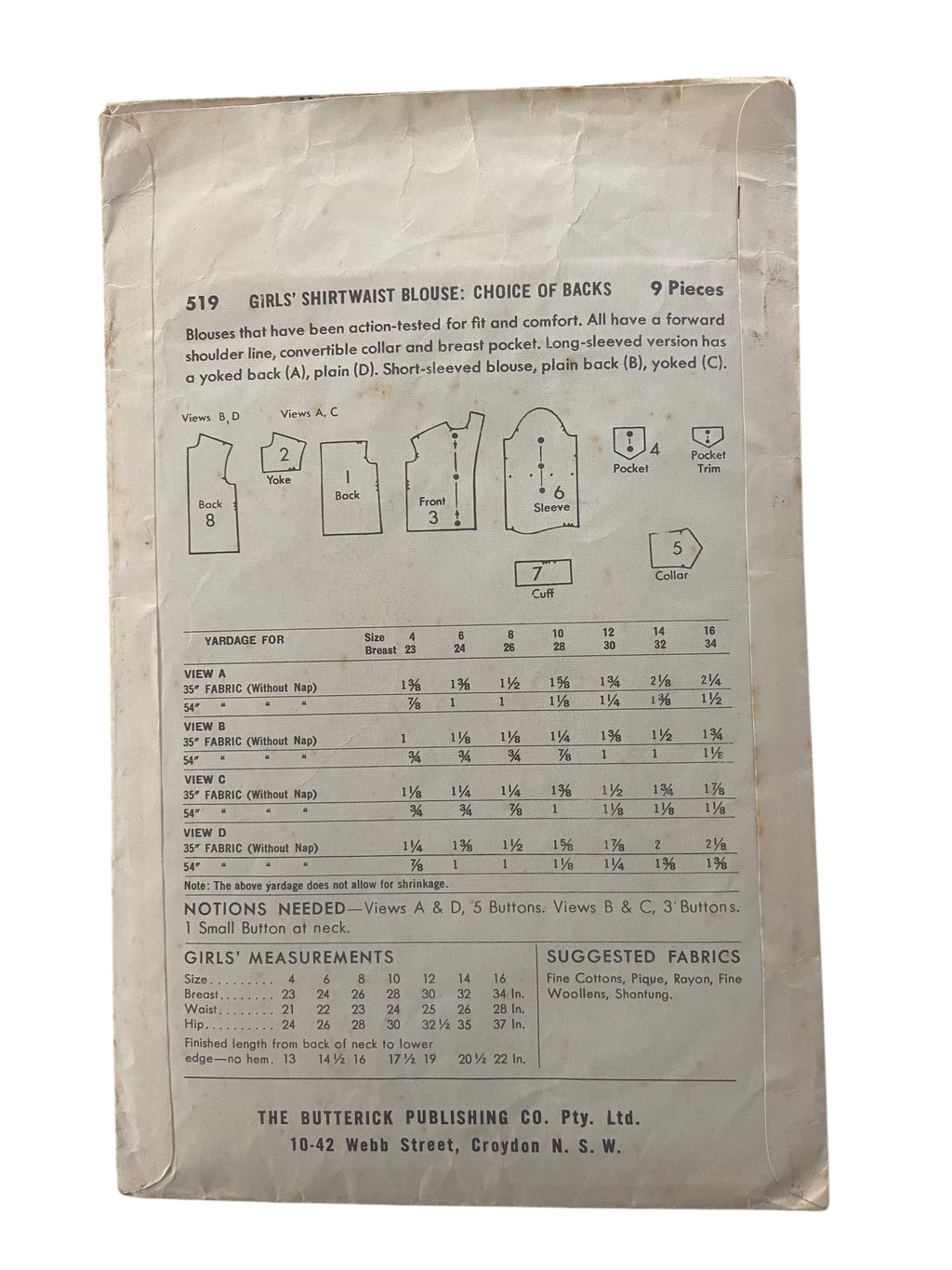 Butterick 519 vintage 1960s girl’s blouse sewing pattern Chest 26 inches