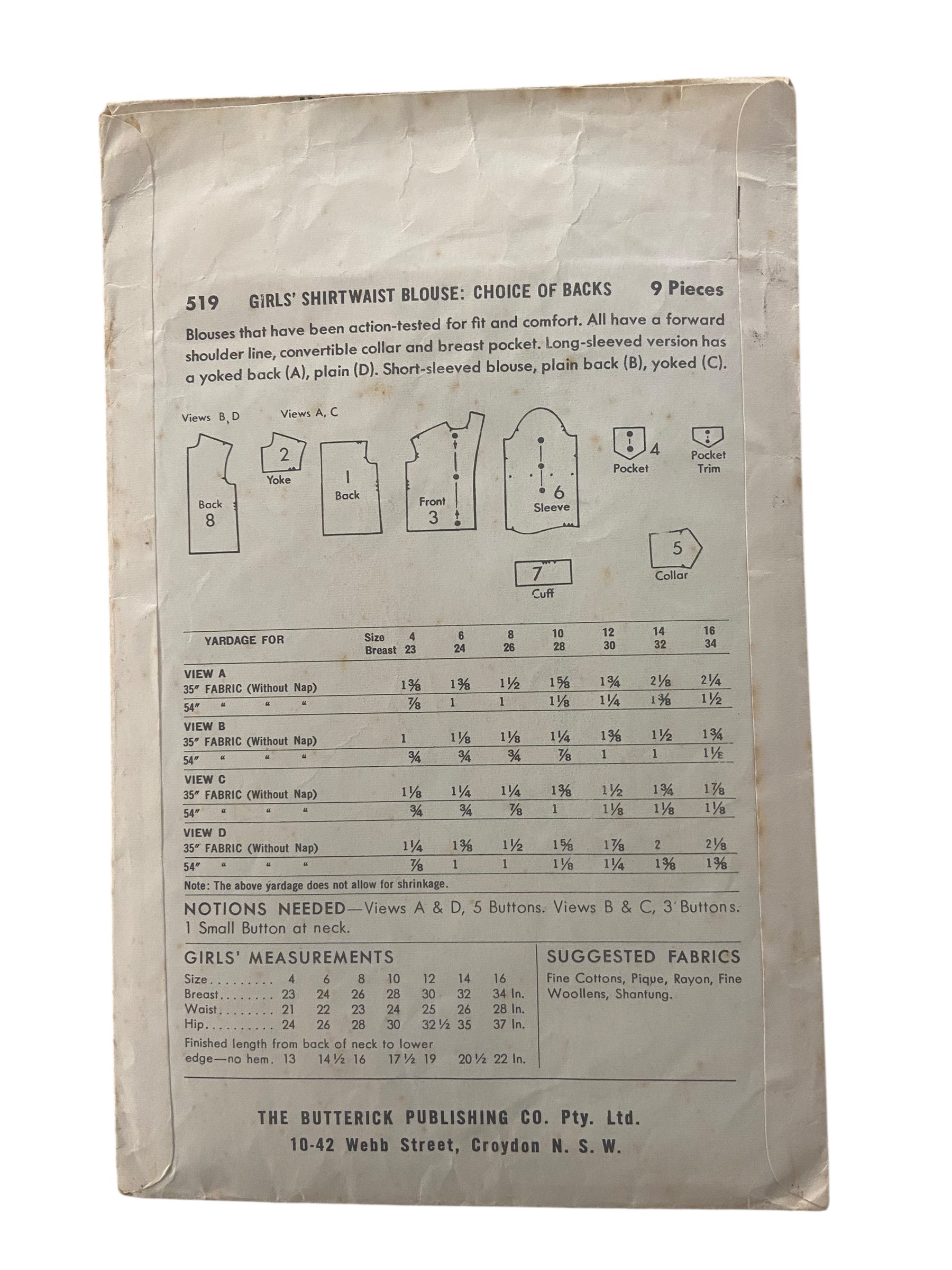Butterick 519 vintage 1960s girl’s blouse sewing pattern Chest 26 inches