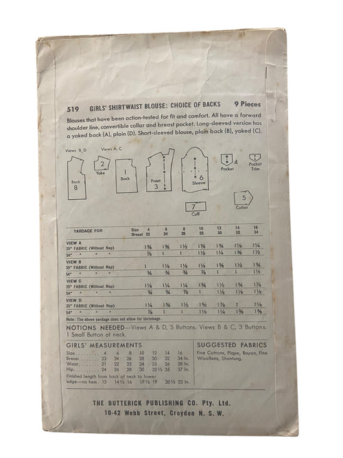 Butterick 519 vintage 1960s girl’s blouse sewing pattern Chest 26 inches