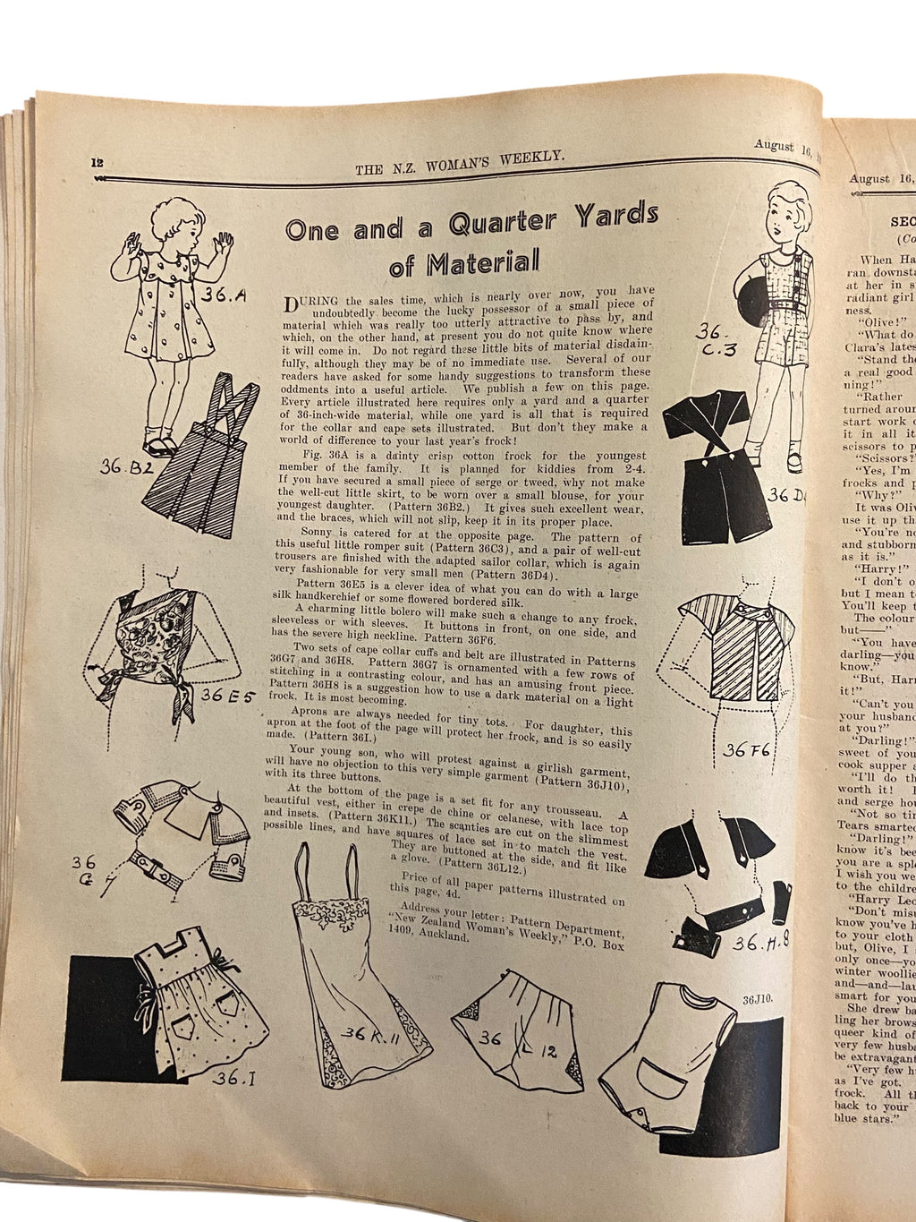 New Zealand Woman’s Weekly August 16 1934 with a sewing pattern, unused, factory folded, ladies frock (attractive frock for the matron), bust 36 inches