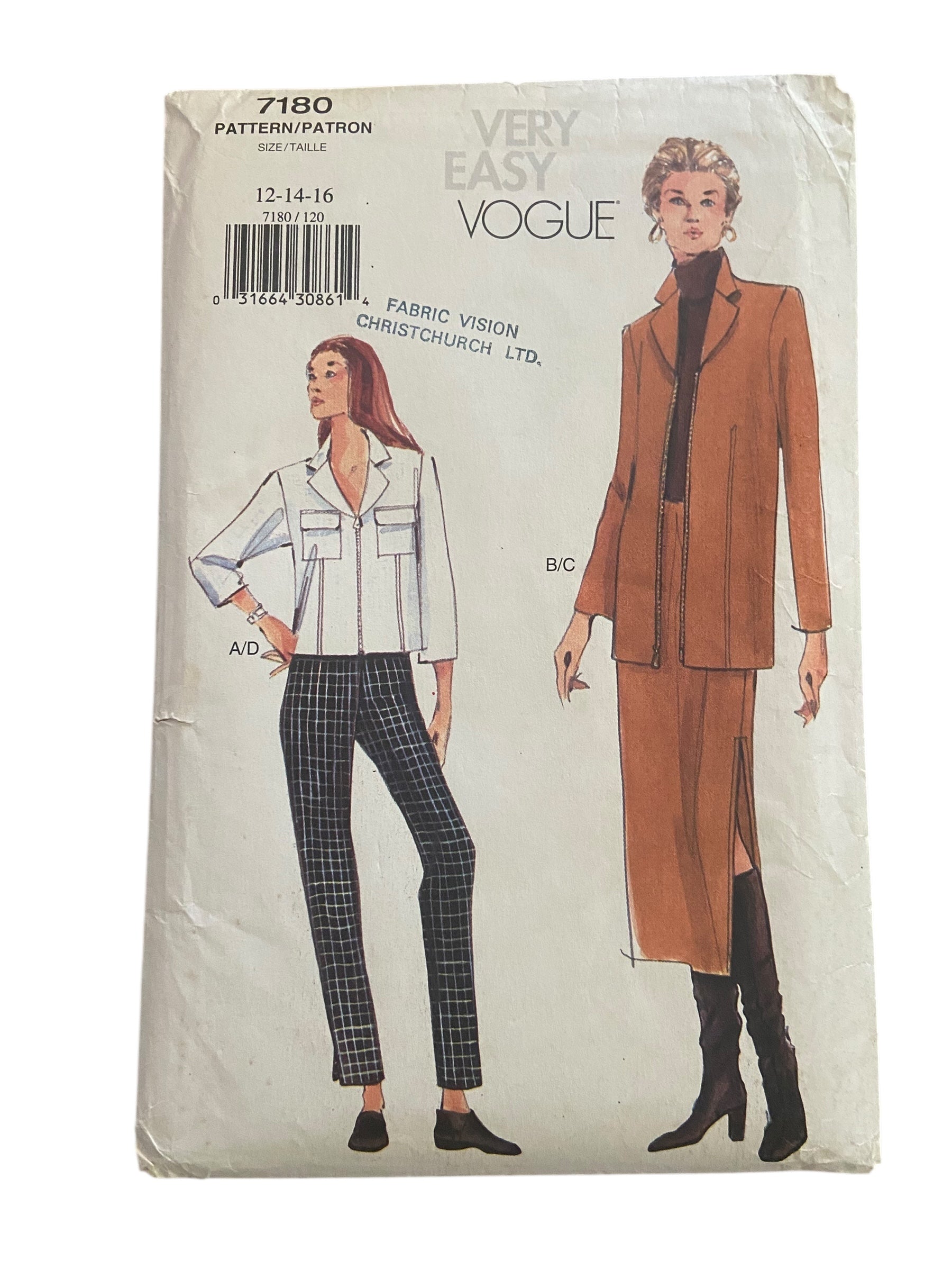 Vogue 7180 vintage 1990s jacket, skirt and pants sewing pattern. Bust 34, 36, 38 inches