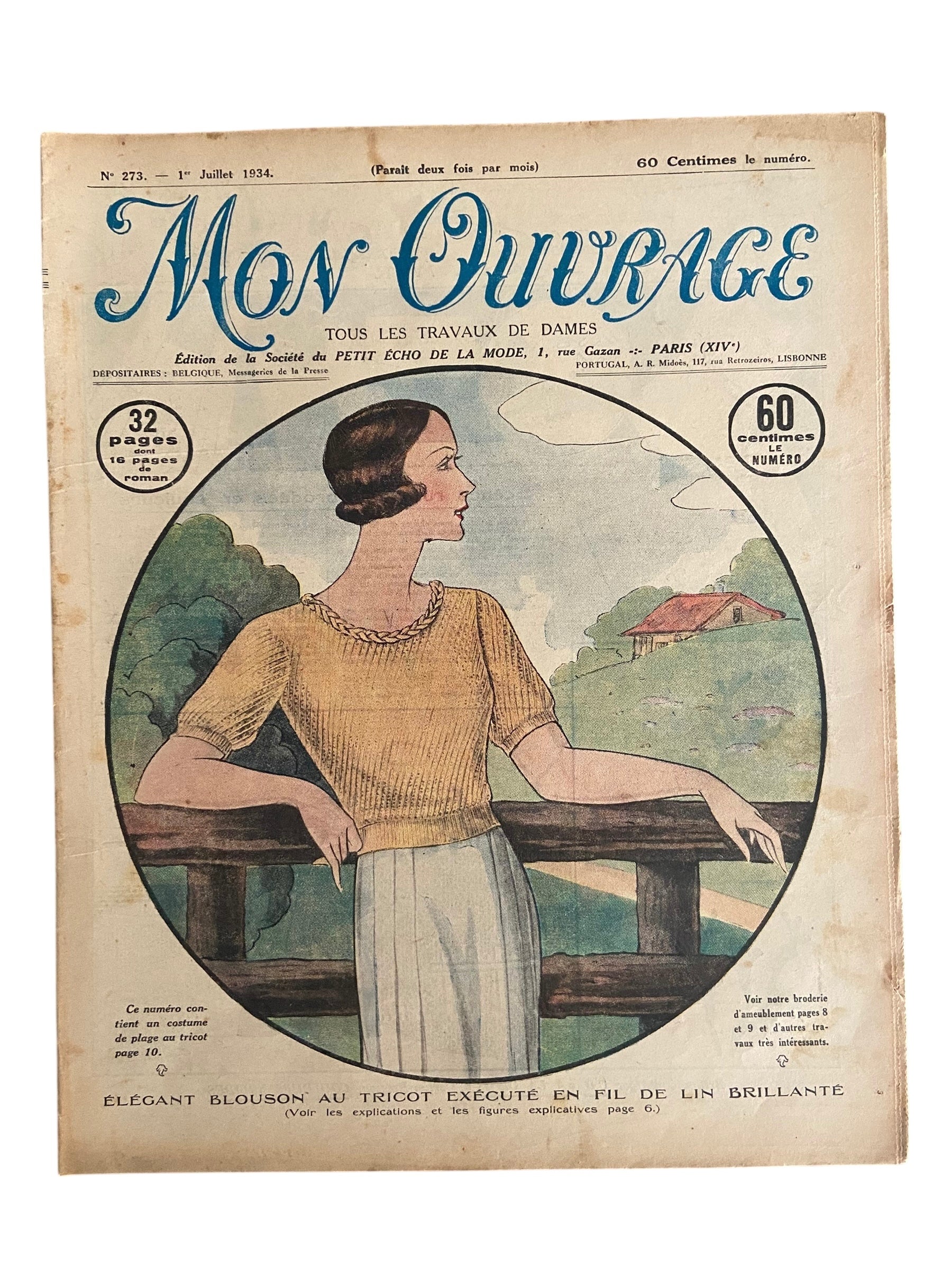 Mon Ouvrage 1 Juliet 1934 includes knitting pattern for the top on the front cover