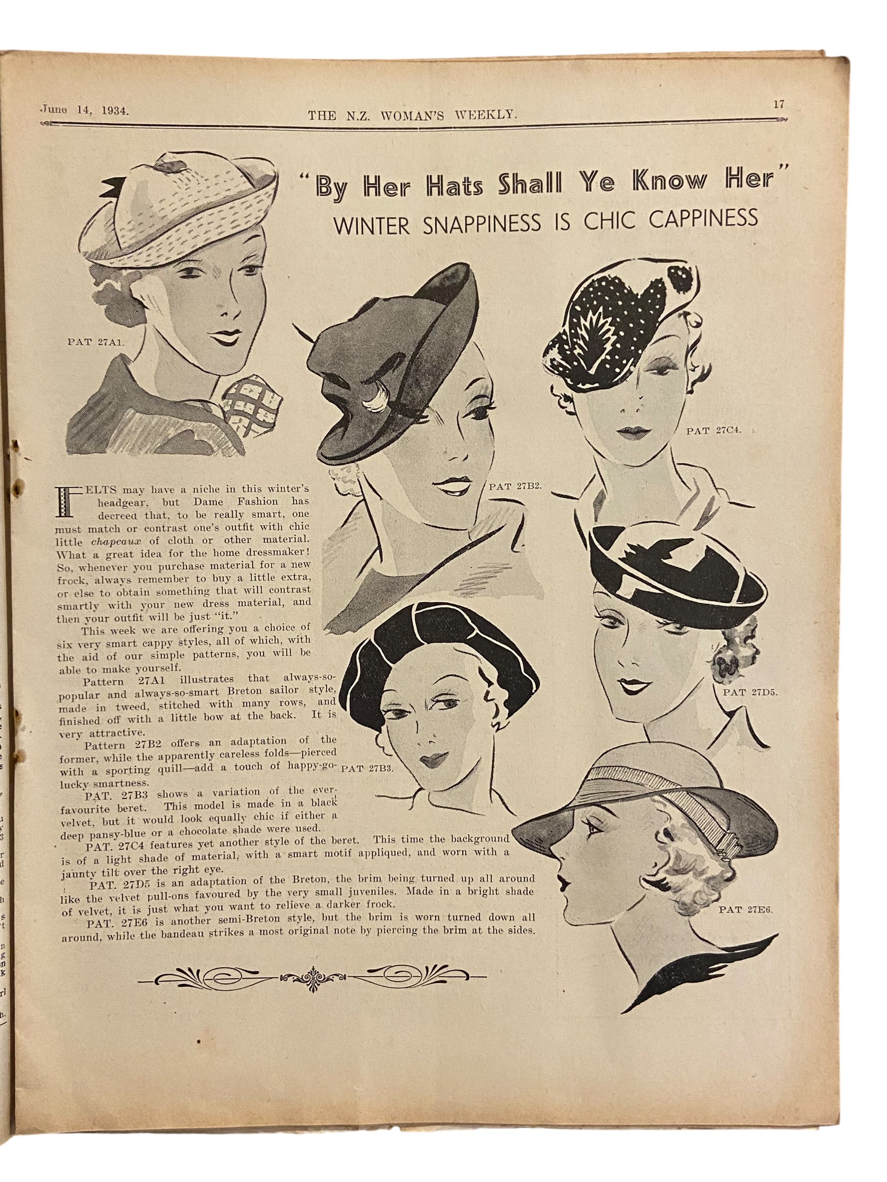 New Zealand Woman’s Weekly June 14 1934 with a sewing pattern, unused, factory folded, ladies frock (an attractive frock for the matronly figure), bust 36 inches
