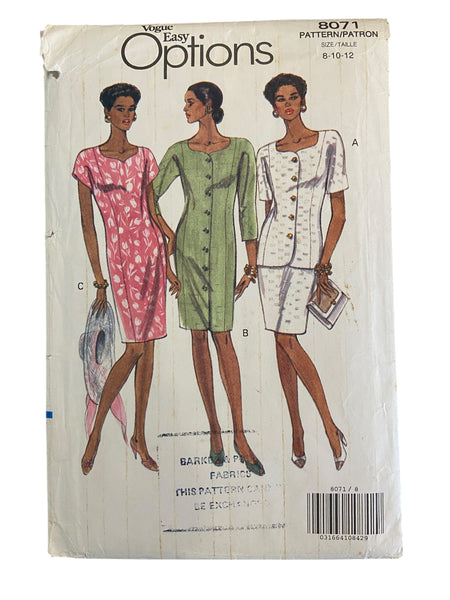 Vogue Easy Options 8071 vintage 1990s dress, skirt and top sewing pattern. Bust 31.5, 32.5, 34 inches